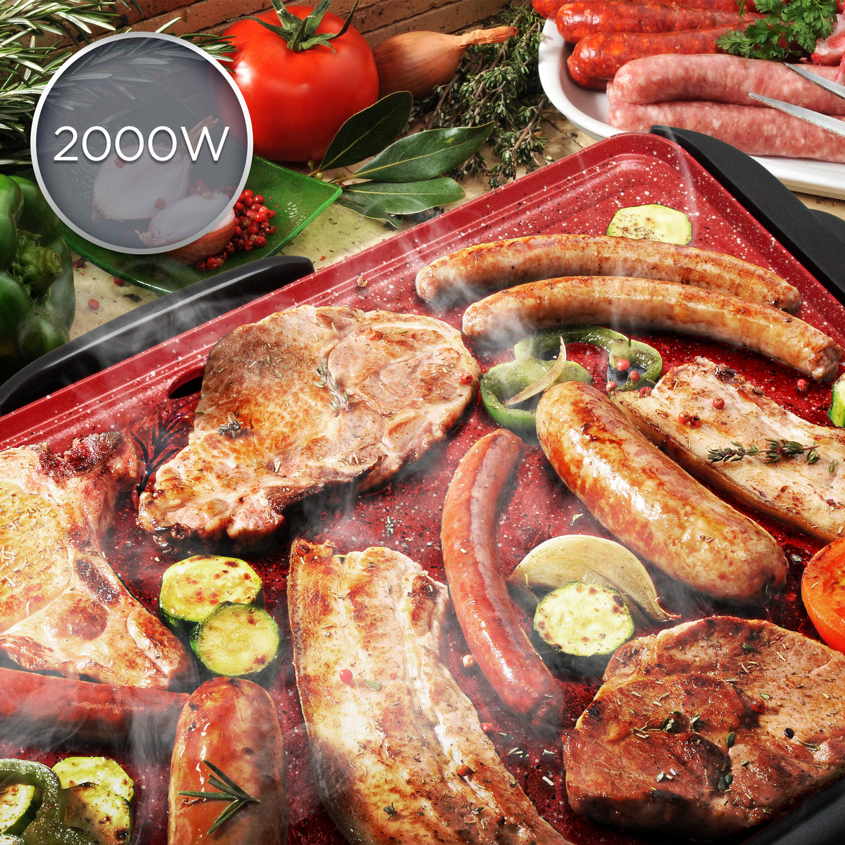 Duronic GP25 elektrischer Tischgrill 2000 W, Antihaftbeschichtung, rot, Barbecue Elektrogrill, einfache Reinigung, Easygrill für Fleisch und Gemüse, extragroße Grillfläche, Teppanyaki, Plancha