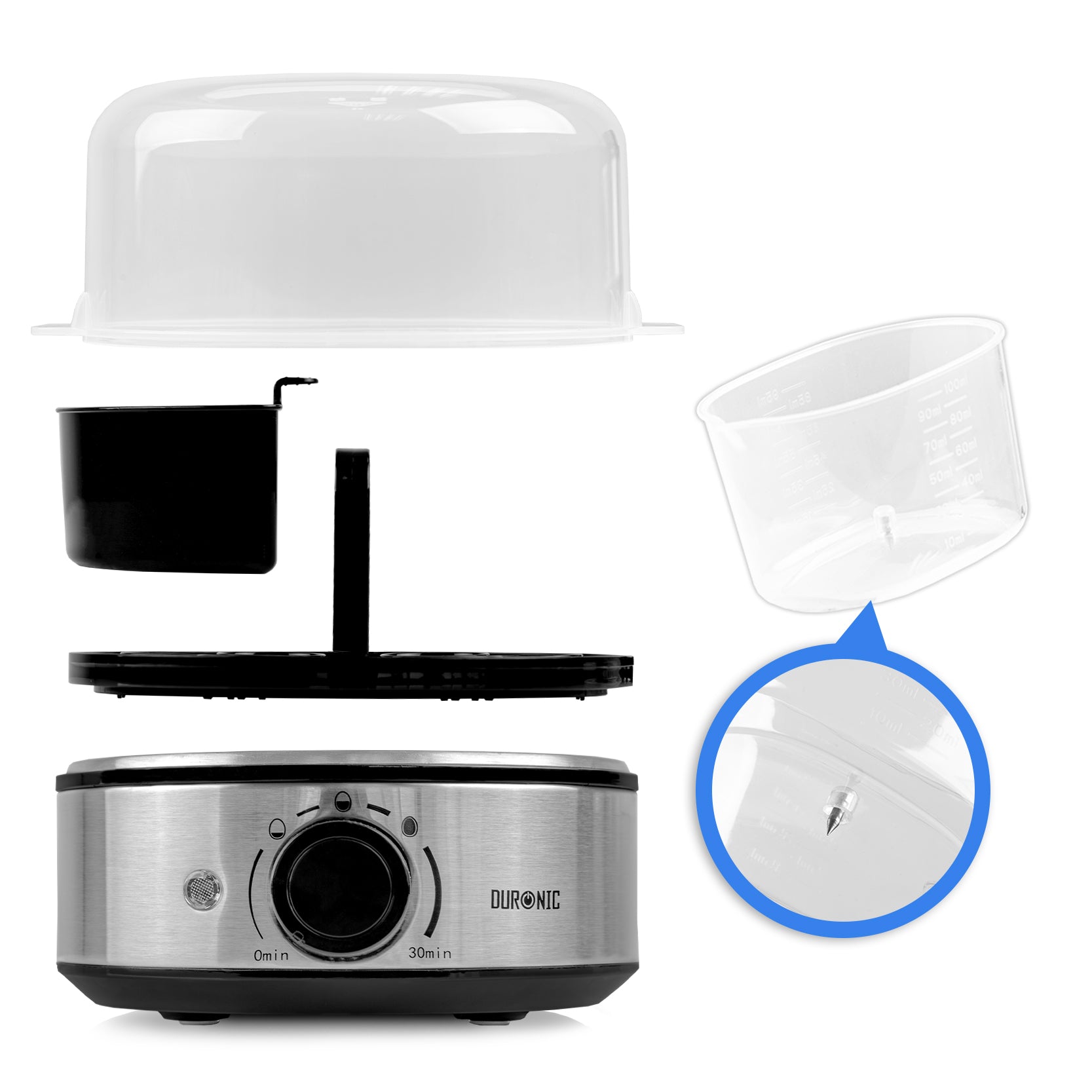 Duronic EB50 BK Eierkocher für 7 Eier, 400 Watt, Härtegrad von weich bis hart, mit Timer, mit Messbecher und Eipick, Frühstücksei für Familie