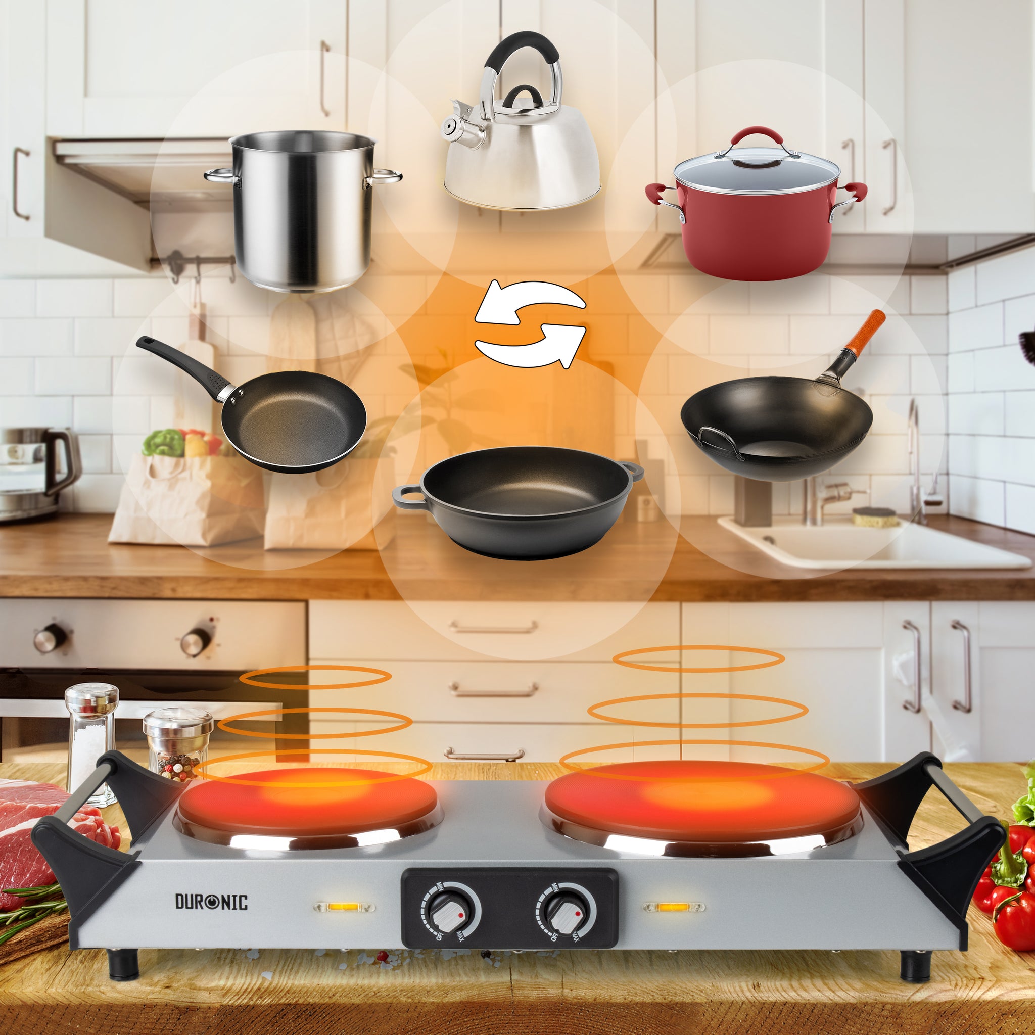 Duronic HP2 SS Herdplatte, Campingkocher mit 2 Kochfelder, Elektro Kochplatte für Camping, Büro, oder Küche, Doppelkochplatte mit stufenloser Temperatureinstellung, Doppel Kochplatte 2400 Watt