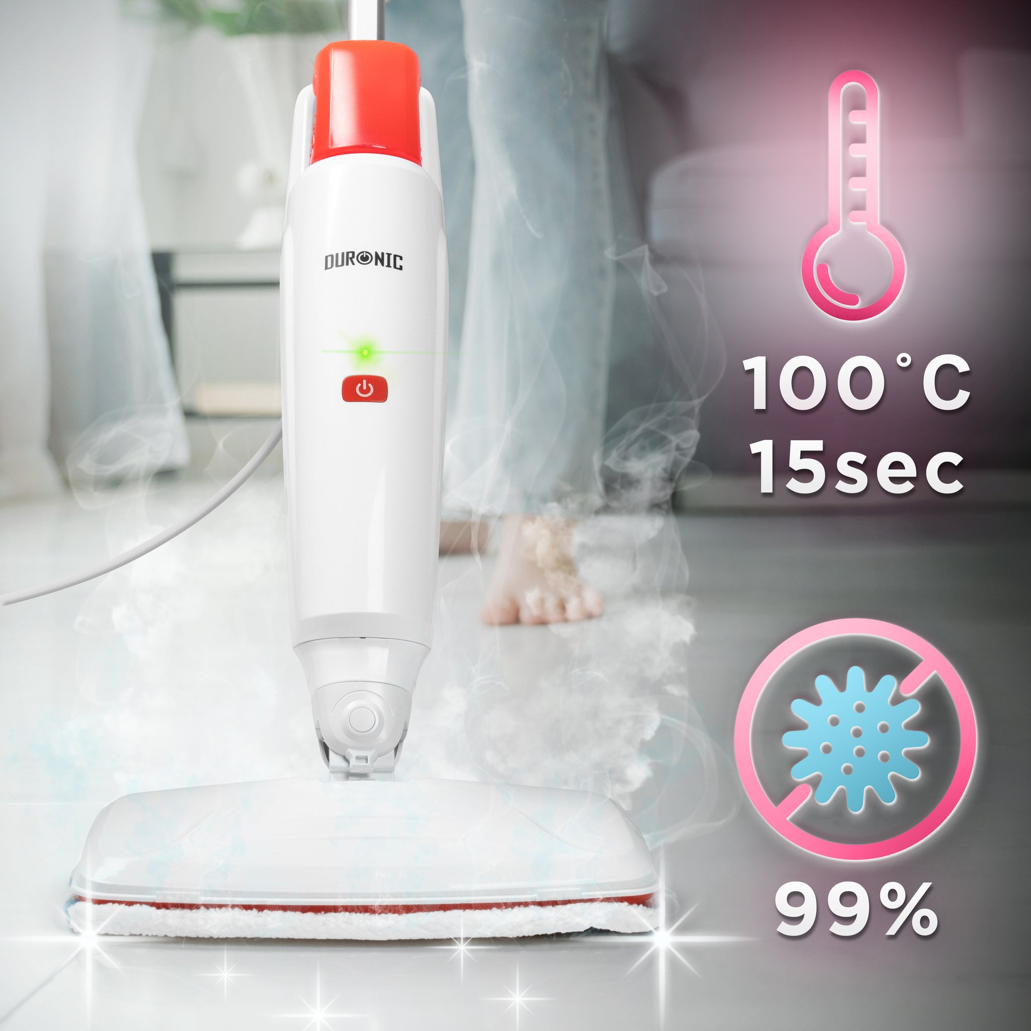 Duronic STM15 WE Dampfreiniger, Dampfmopp mit 500 ml Wassertank, Dampfmop für Böden, Dampf Bodenreiniger mit 7m langem Kabel, Steam Mop Dampfbesen
