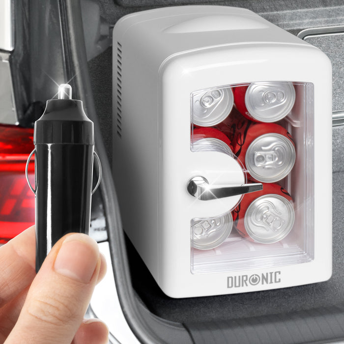 Duronic MFW4 WE Mini Kühlschrank, 4 L Getränkekühlschrank für bis zu 6 Dosen, Für 12V Auto Zigarettenanzünder oder 230V Steckdose, Mini Retro Fridge