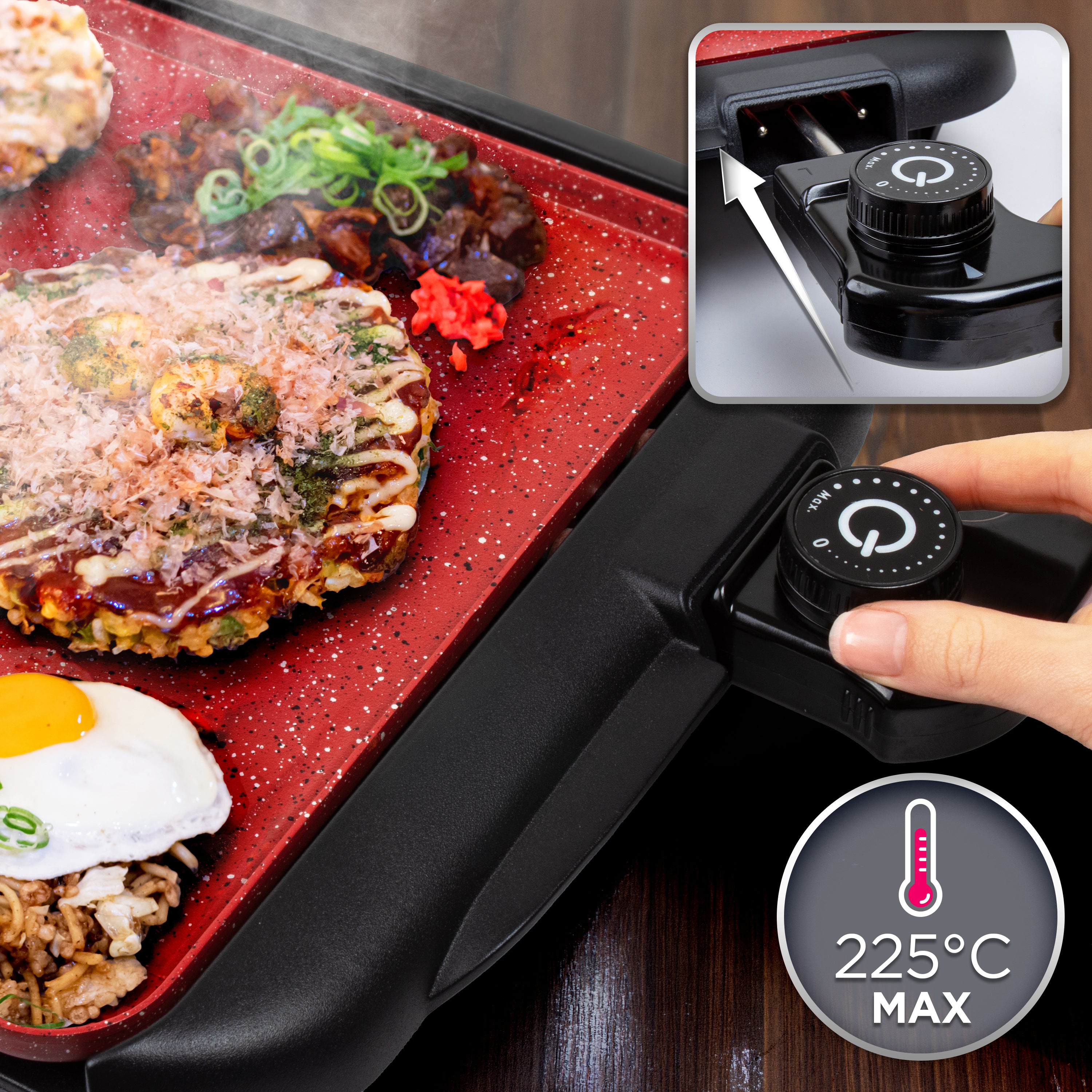 Duronic GP25 elektrischer Tischgrill 2000 W, Antihaftbeschichtung, rot, Barbecue Elektrogrill, einfache Reinigung, Easygrill für Fleisch und Gemüse, extragroße Grillfläche, Teppanyaki, Plancha