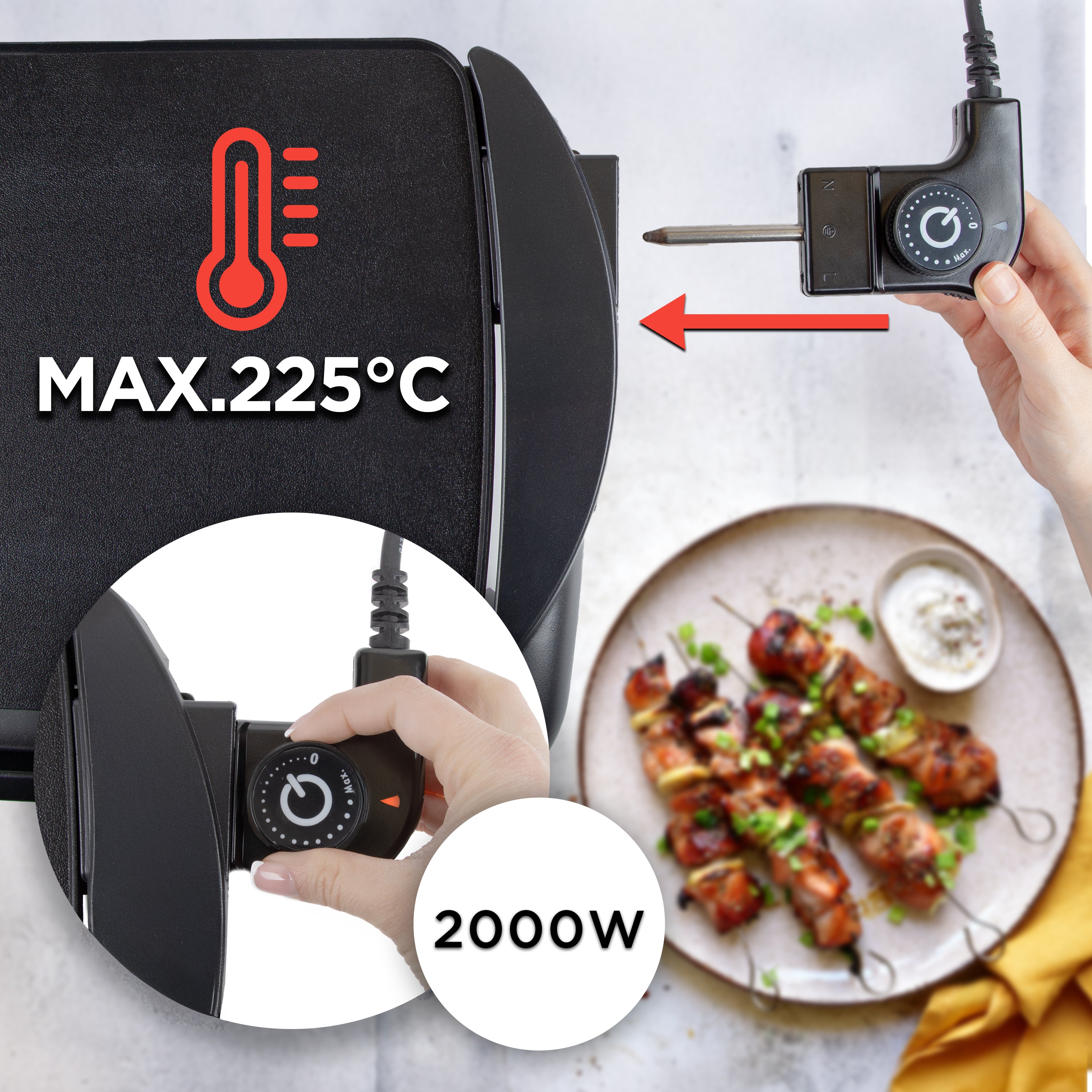 Duronic GP20 elektrischer Tischgrill 2000 W, Plancha Teppanyaki Grill, 52 x 27 cm Grillplatte, Flache Antihaft Oberfläche zur einfachen Reinigung, Stufenlose Temperatureinstellung, Okonomiyaki