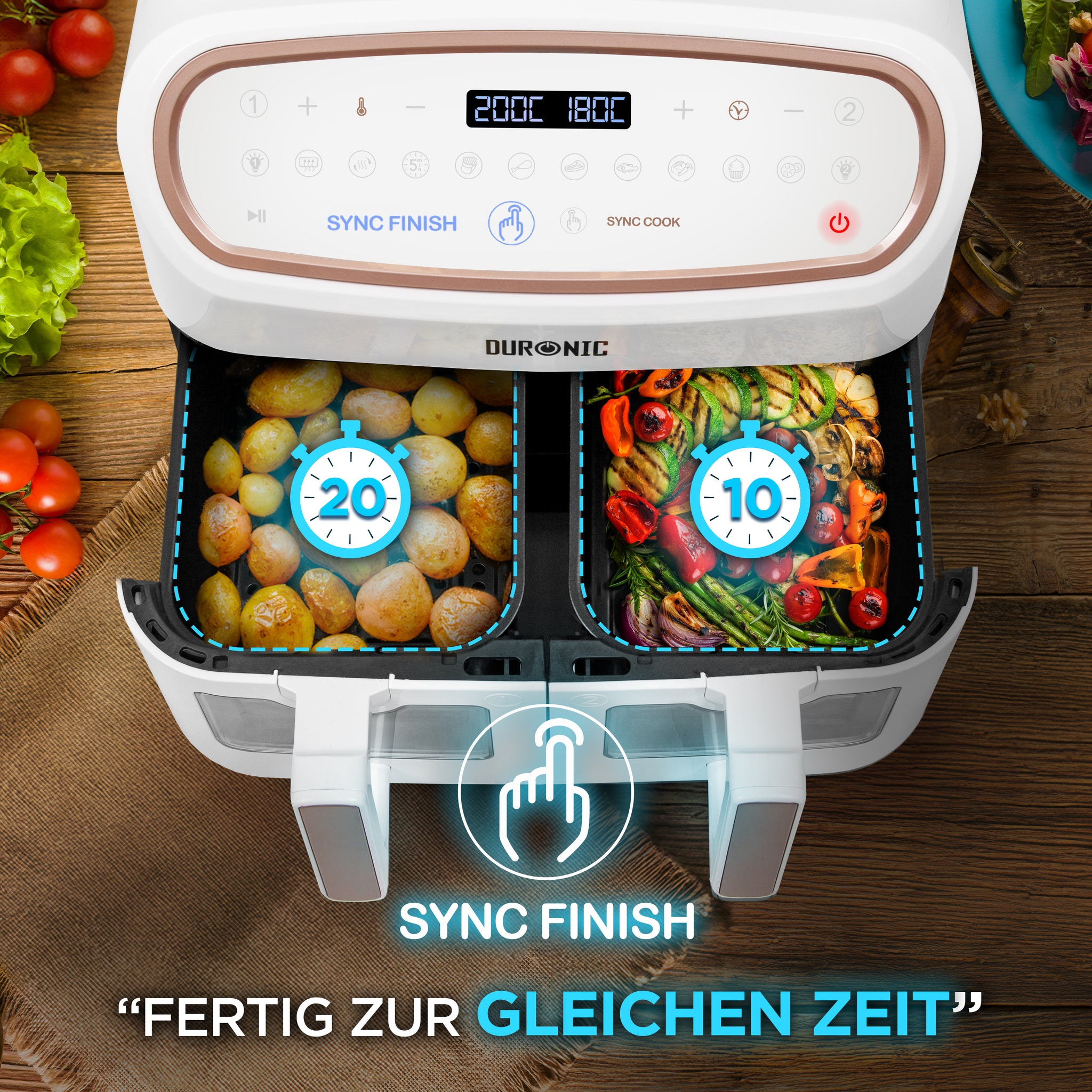 Duronic AF34 WE Heißluftfriteuse, XXL Heißluftfritteuse mit 2 Kammern für Pommes, Friteuse HLF 10L Volumen Airfryer, Air Fryer für Rezepte ohne Öl