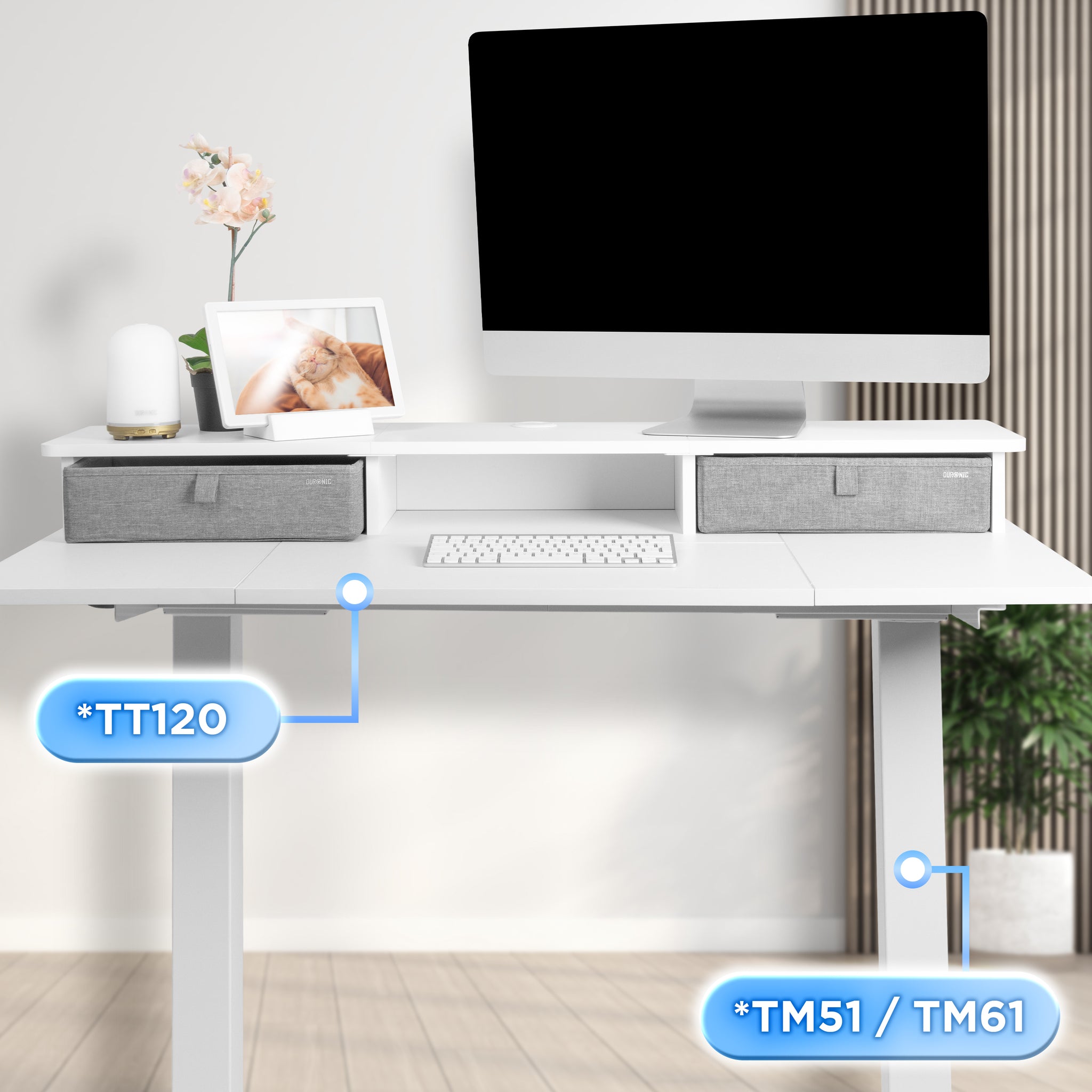 Duronic DD3 WE Monitorständer, breites Schreibtisch Regal 120 x 25 x 11,5 cm, Schreibtischaufsatz mit XXL Schubladen, Monitorerhöhung für 2 Monitore, rutschfeste Tischklemmen, Gaming Home Office