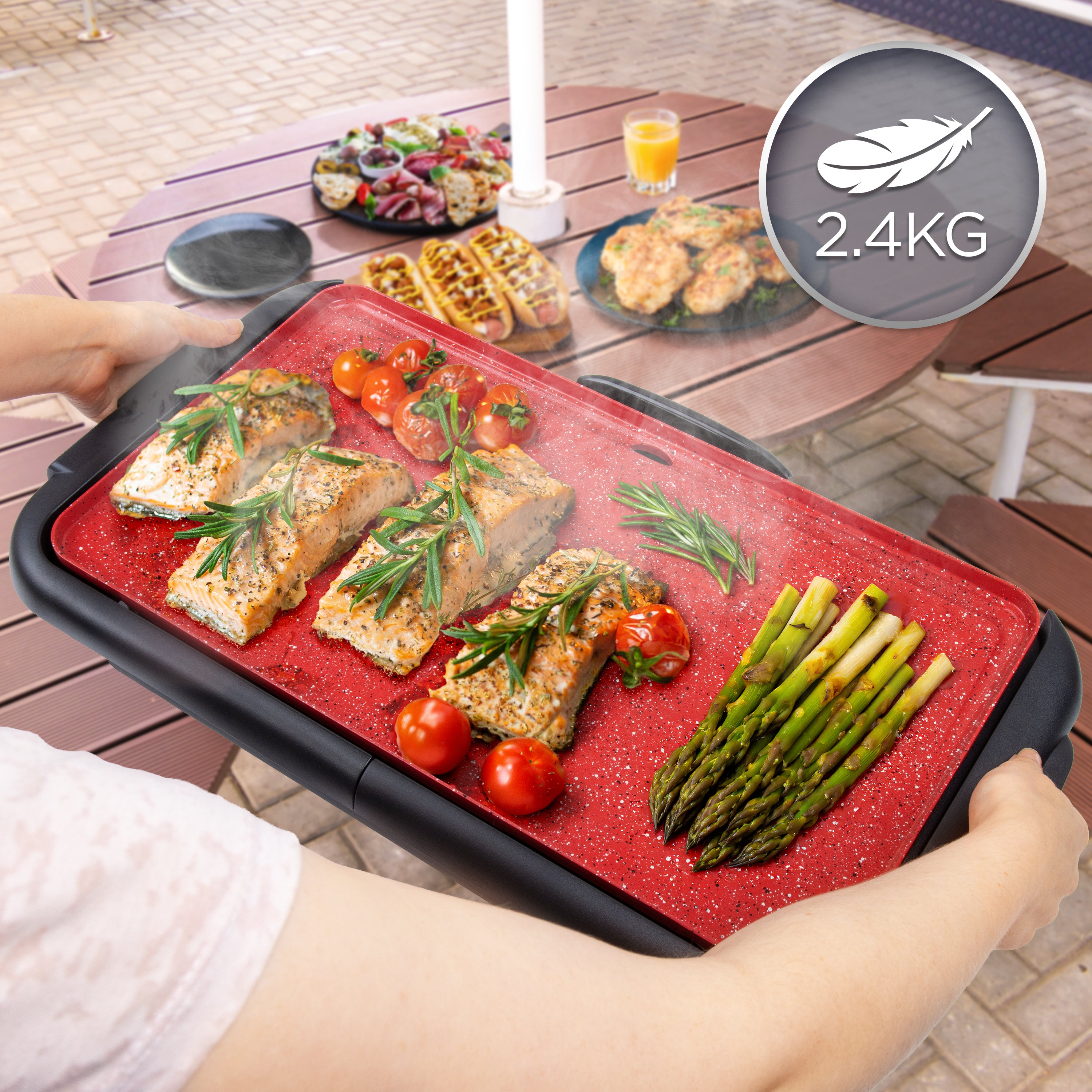 Duronic GP25 elektrischer Tischgrill 2000 W, Antihaftbeschichtung, rot, Barbecue Elektrogrill, einfache Reinigung, Easygrill für Fleisch und Gemüse, extragroße Grillfläche, Teppanyaki, Plancha