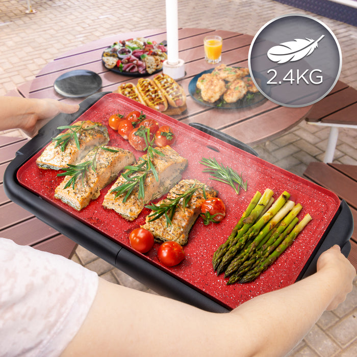 Duronic GP25 elektrischer Tischgrill 2000 W, Antihaftbeschichtung, rot, Barbecue Elektrogrill, einfache Reinigung, Easygrill für Fleisch und Gemüse, extragroße Grillfläche, Teppanyaki, Plancha