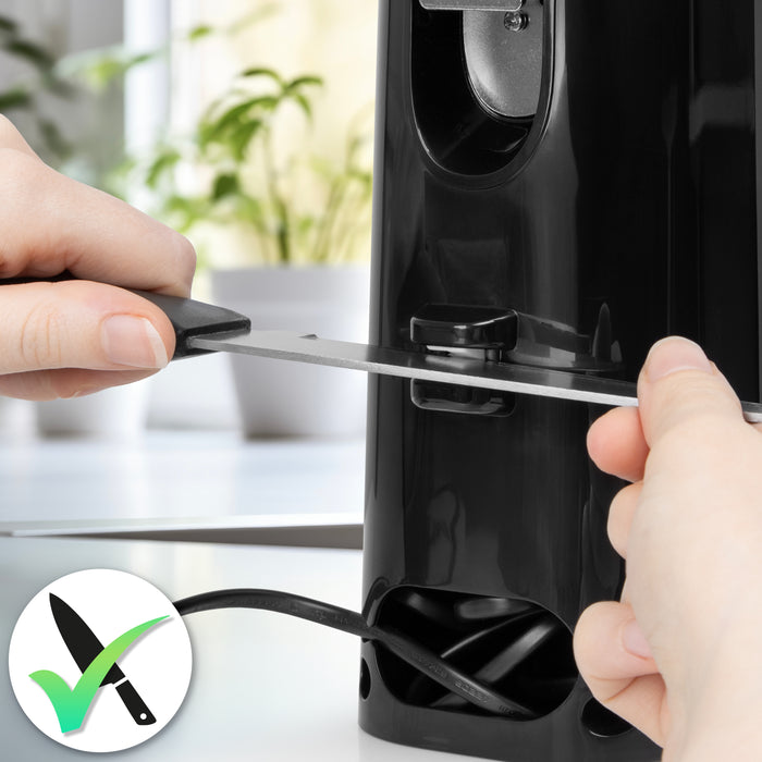 Duronic CO40 BK Dosenöffner, elektrischer Büchsenöffner für bis zu 600 ml Konservendosen, 3-in-1 automatischer Konservenöffner mit Messerschärfer und Flaschenöffner