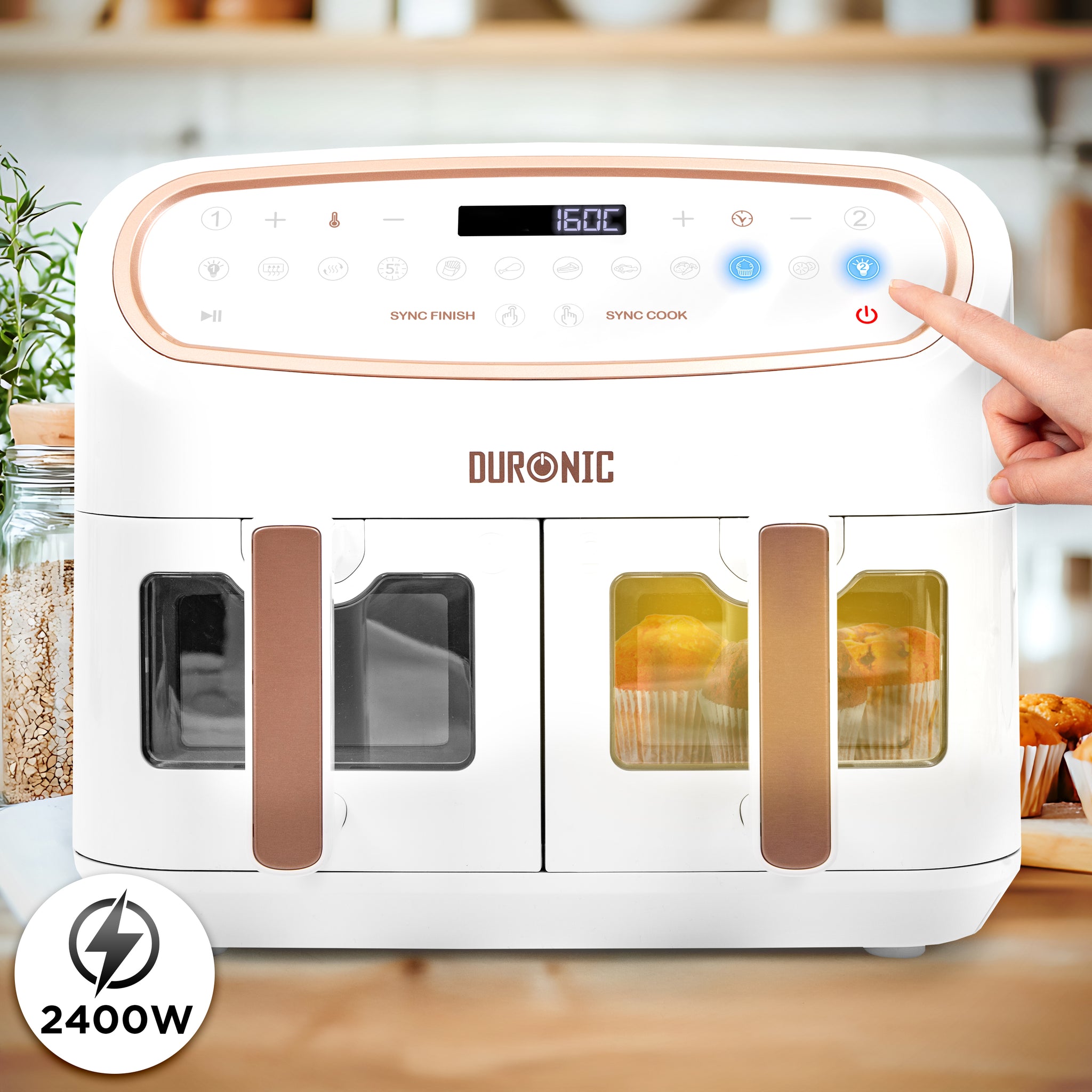 Duronic AF34 WE Heißluftfriteuse, XXL Heißluftfritteuse mit 2 Kammern für Pommes, Friteuse HLF 10L Volumen Airfryer, Air Fryer für Rezepte ohne Öl