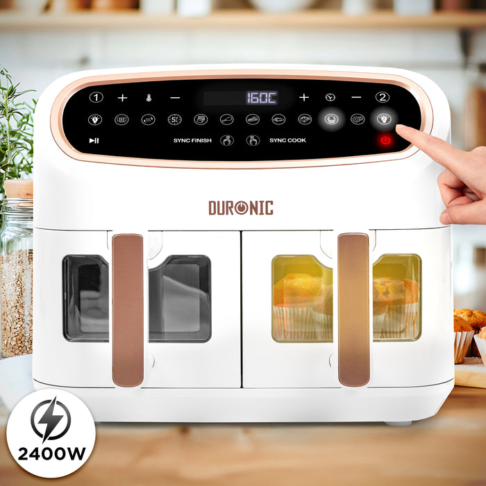 Duronic AF34 WG Heißluftfritteuse mit Sichtfenster | XXL Doppel Air fryer mit 2 Kammern 10 L | 2400 W Dual Zone Air Fryer | HLF mit 10 Programme | Inklusive großer Frittierkorb | Touchscreen Fritteuse