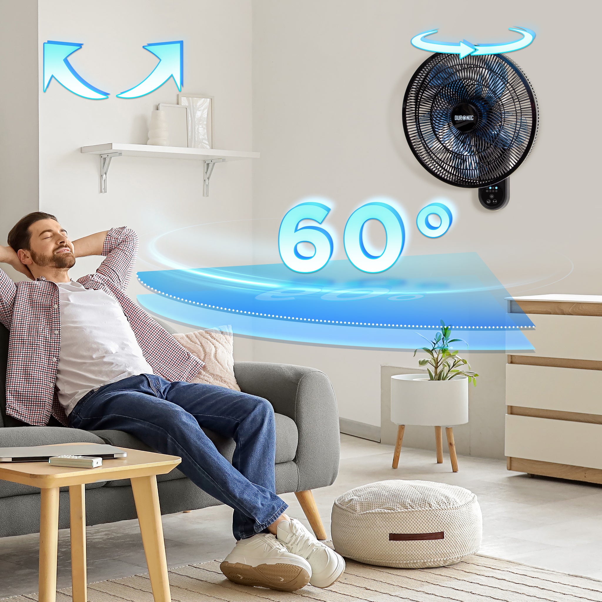 Duronic FN42 BK Wandventilator, Ventilator zur Montage, mit Fernbedienung | 3 Geschwindigkeiten, Wandkühler mit 50W, 60° Oszillation für gute Luftzirkulation, Windmaschine mit Timer Funktion