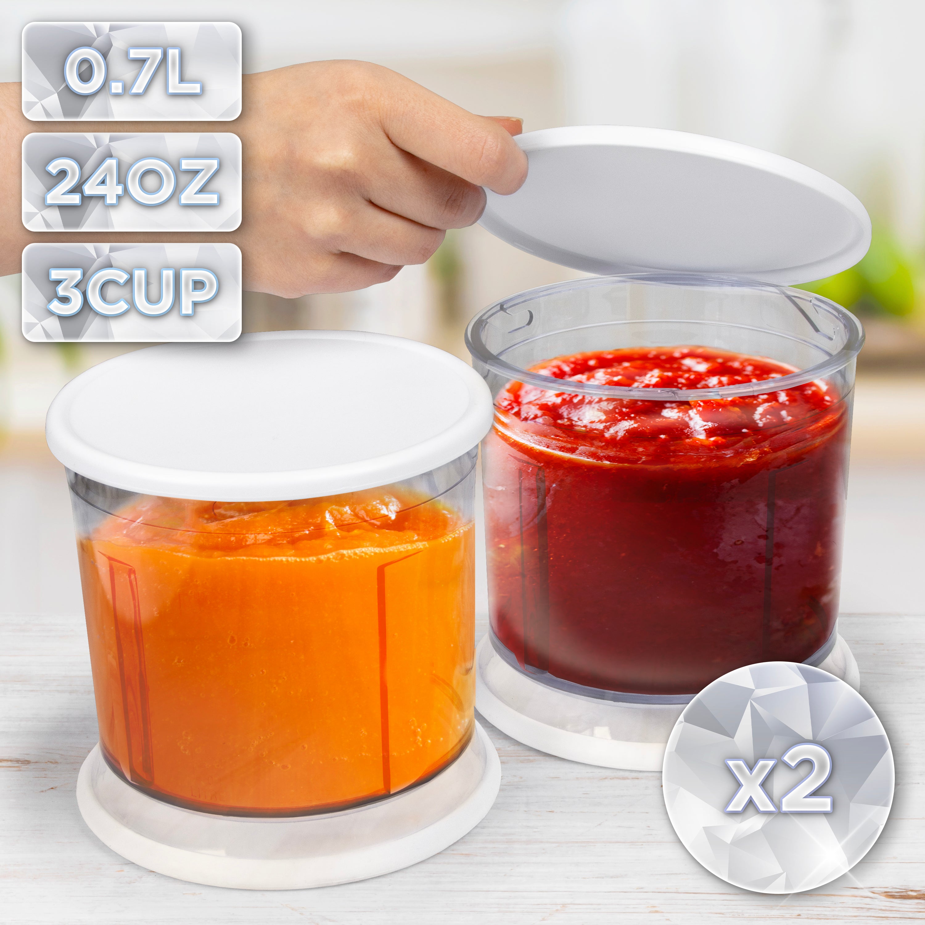 Duronic CH57 WE Elektrischer Zerkleinerer 500W, 2x 700 ml Schüsseln mit Deckel, Küchenmaschine für Gemüse, Obst, Nüsse & Kräuter, Ideal für Saucen, Püree & Babynahrung