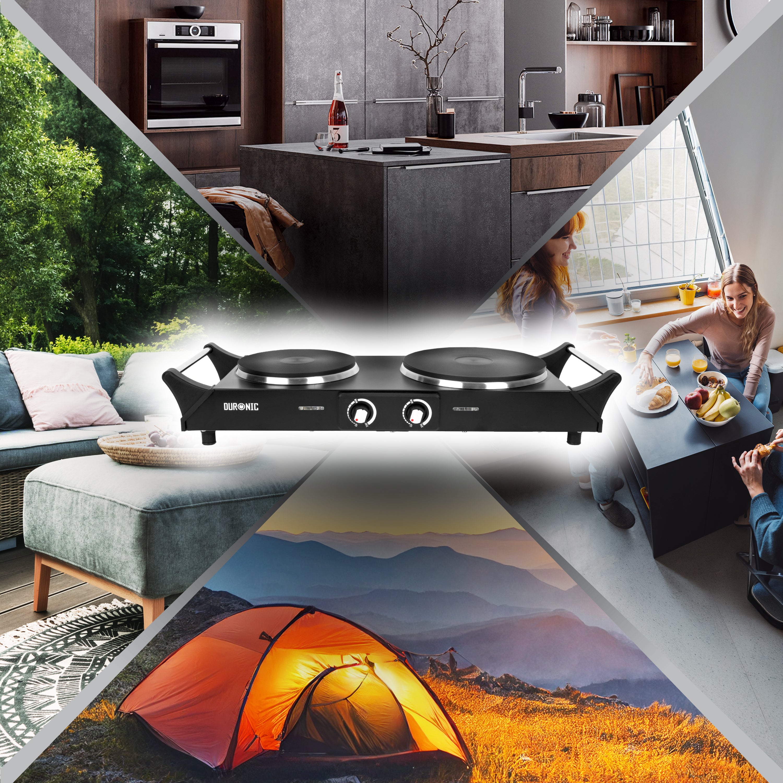HP2 BK Kochplatten elektrisch, Camping Herdplatte Elektro, 2500W, Indoor Elektroherd, Doppel-Kochplatte für Küche oder Büro, mit Tragegriffe, Schwarz