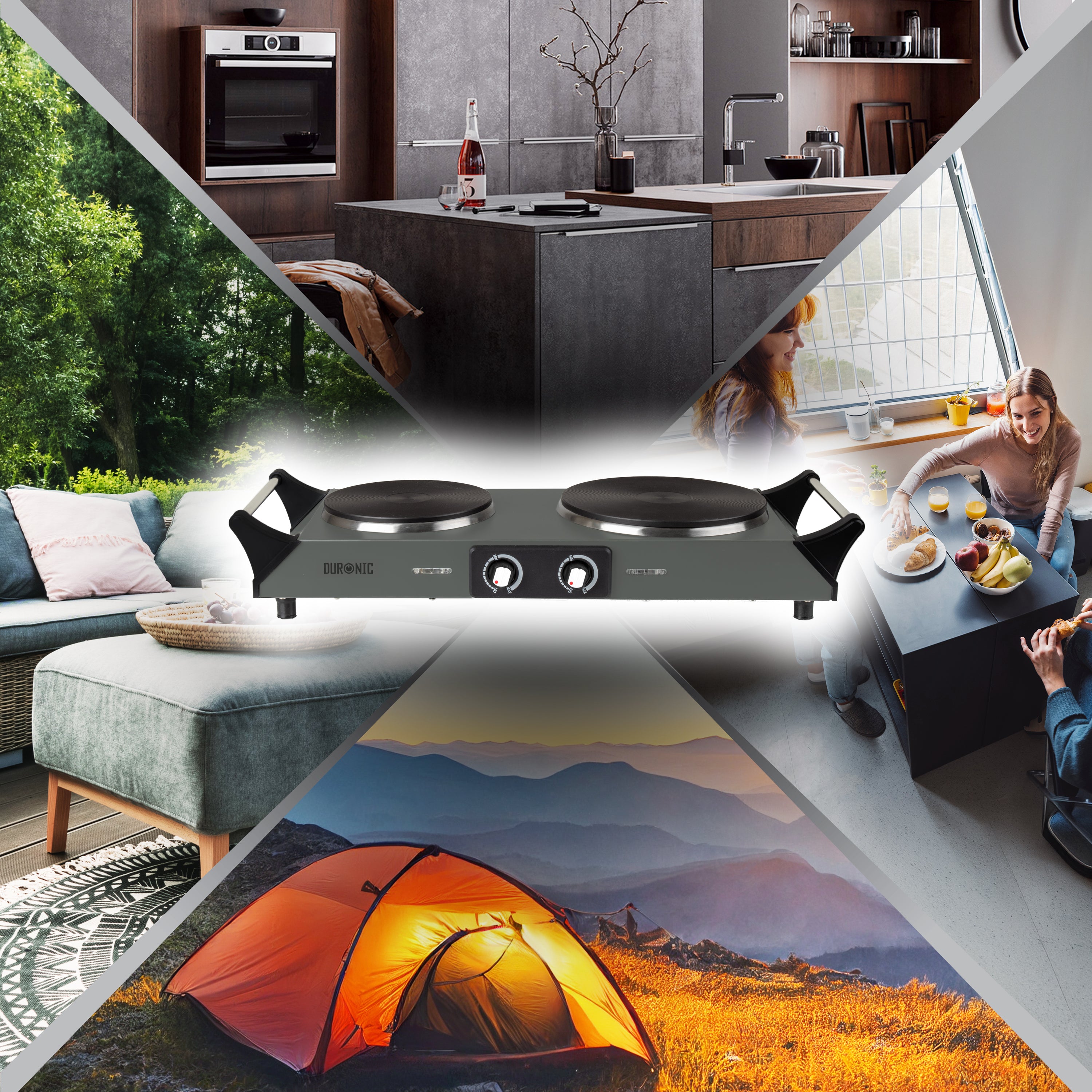 HP2 GG Kochplatten elektrisch, Camping Herdplatte Elektro, 2500W, Indoor Elektroherd, Doppel-Kochplatte für Küche oder Büro, mit Tragegriffe