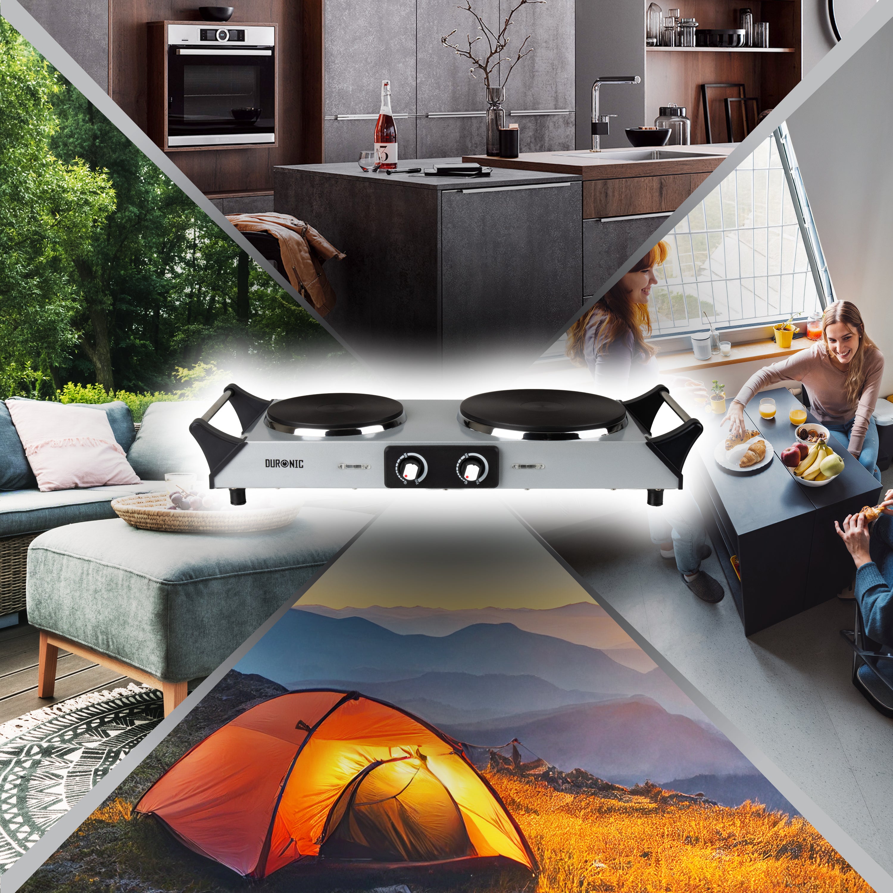 Duronic HP2 SS Herdplatte, Campingkocher mit 2 Kochfelder, Elektro Kochplatte für Camping, Büro, oder Küche, Doppelkochplatte mit stufenloser Temperatureinstellung, Doppel Kochplatte 2400 Watt