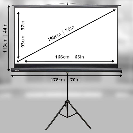 Duronic TPS75 16:9 Leinwand, 75" Stativleinwand, Stativ Beamerleinwand mit 166 x 93 cm Fläche, Heimkino mit 4K Full HD 3D, Projektorleinwand für Schule und Büro, Präsentationsleinwand