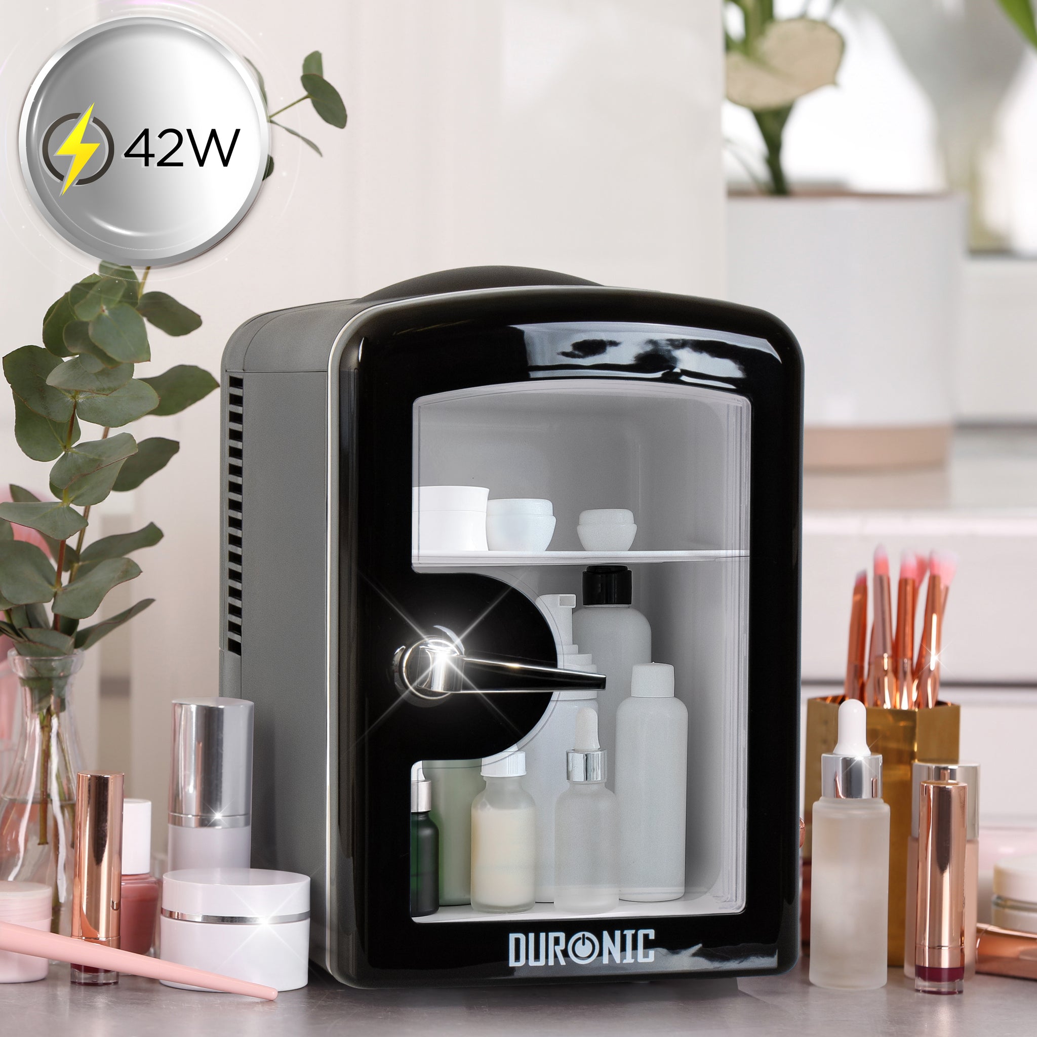 Duronic MFW4 BK Mini Kühlschrank, 4 L Getränkekühlschrank für bis zu 6 Dosen, Für 12V Auto Zigarettenanzünder oder 230V Steckdose, Mini Retro Fridge