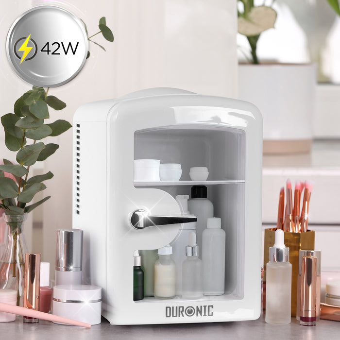 Duronic MFW4 WE Mini Kühlschrank, 4 L Getränkekühlschrank für bis zu 6 Dosen, Für 12V Auto Zigarettenanzünder oder 230V Steckdose, Mini Retro Fridge