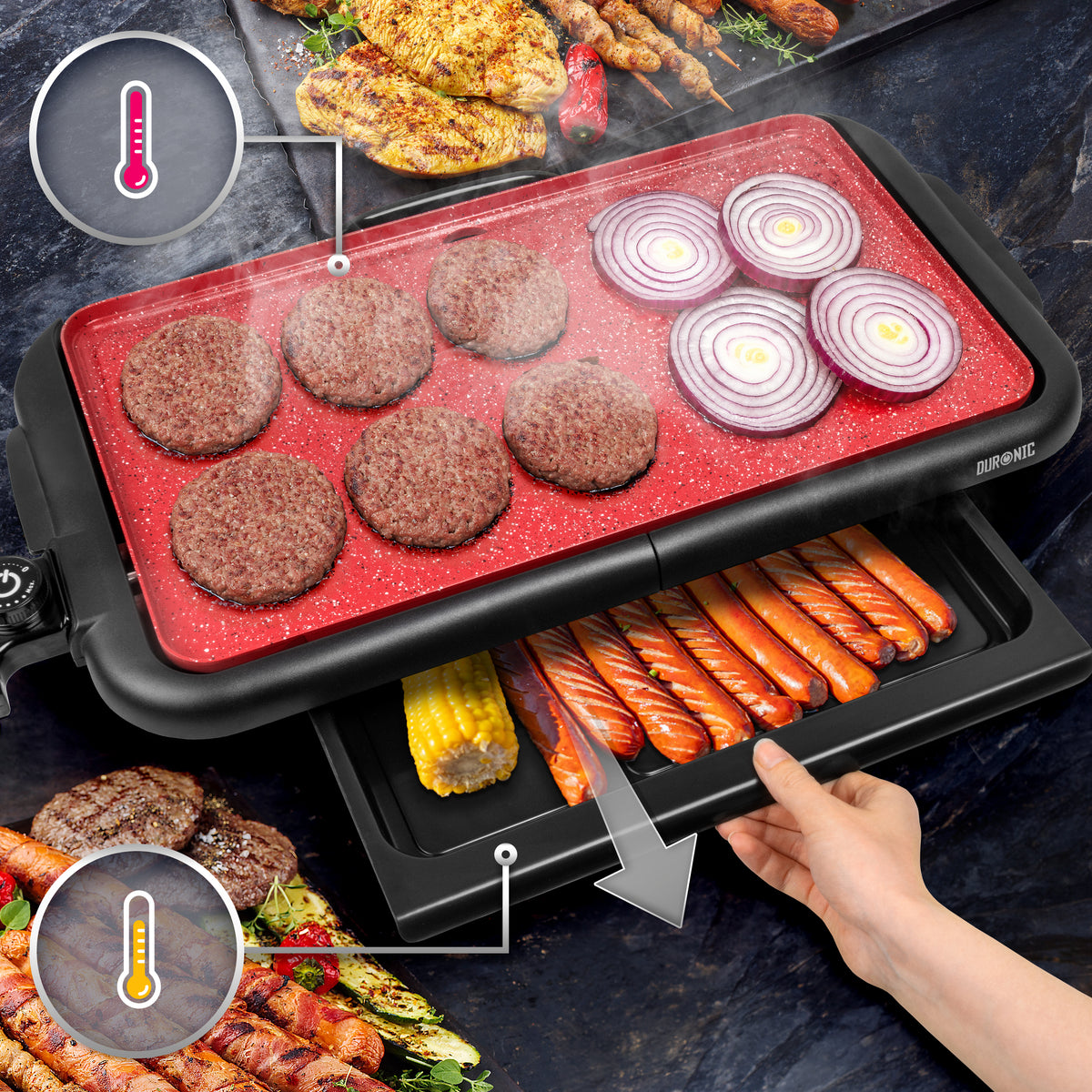Duronic GP25 elektrischer Tischgrill 2000 W, Antihaftbeschichtung, rot, Barbecue Elektrogrill, einfache Reinigung, Easygrill für Fleisch und Gemüse, extragroße Grillfläche, Teppanyaki, Plancha