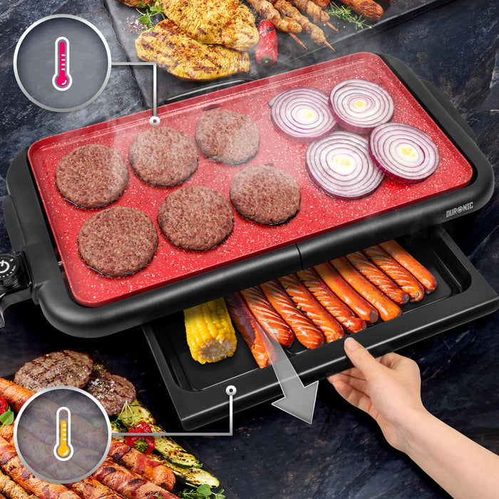 Duronic GP25 elektrischer Tischgrill 2000 W, Antihaftbeschichtung, rot, Barbecue Elektrogrill, einfache Reinigung, Easygrill für Fleisch und Gemüse, extragroße Grillfläche, Teppanyaki, Plancha