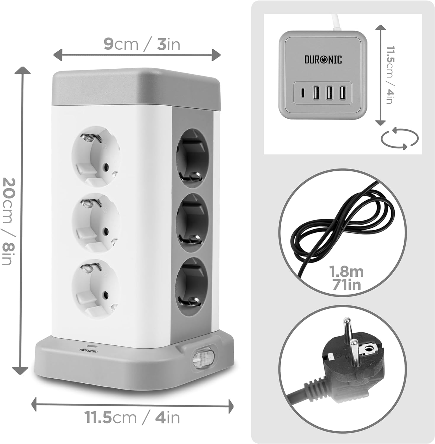 Duronic ET12C Mehrfachsteckdose | Steckdosenwürfel mit 3 USB A Ports und 1 USB C Port (3A) | 12-Fach Steckdose 3680W 16A | Steckdosenleiste mit Überspannungsschutz | Steckdosenturm mit 1,8 m Kabel