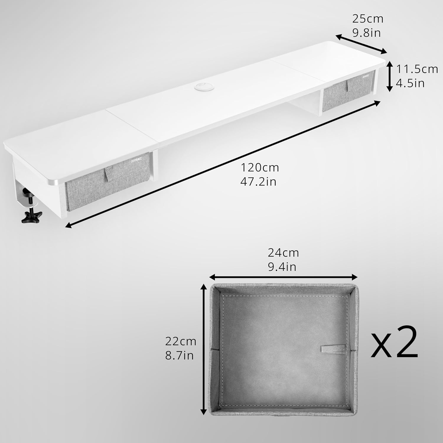 Duronic DD2 WE Schreibtischaufsatz für 2 Monitore, Schreibtisch Erweiterung mit Schubladen, 120 x 25 x 11,5 cm, Monitorerhöhung mit Tischklemmen, Gaming Home Office Monitorständer, Extra Breit