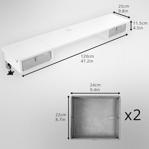 Duronic DD2 WE Schreibtischaufsatz für 2 Monitore, Schreibtisch Erweiterung mit Schubladen, 120 x 25 x 11,5 cm, Monitorerhöhung mit Tischklemmen, Gaming Home Office Monitorständer, Extra Breit