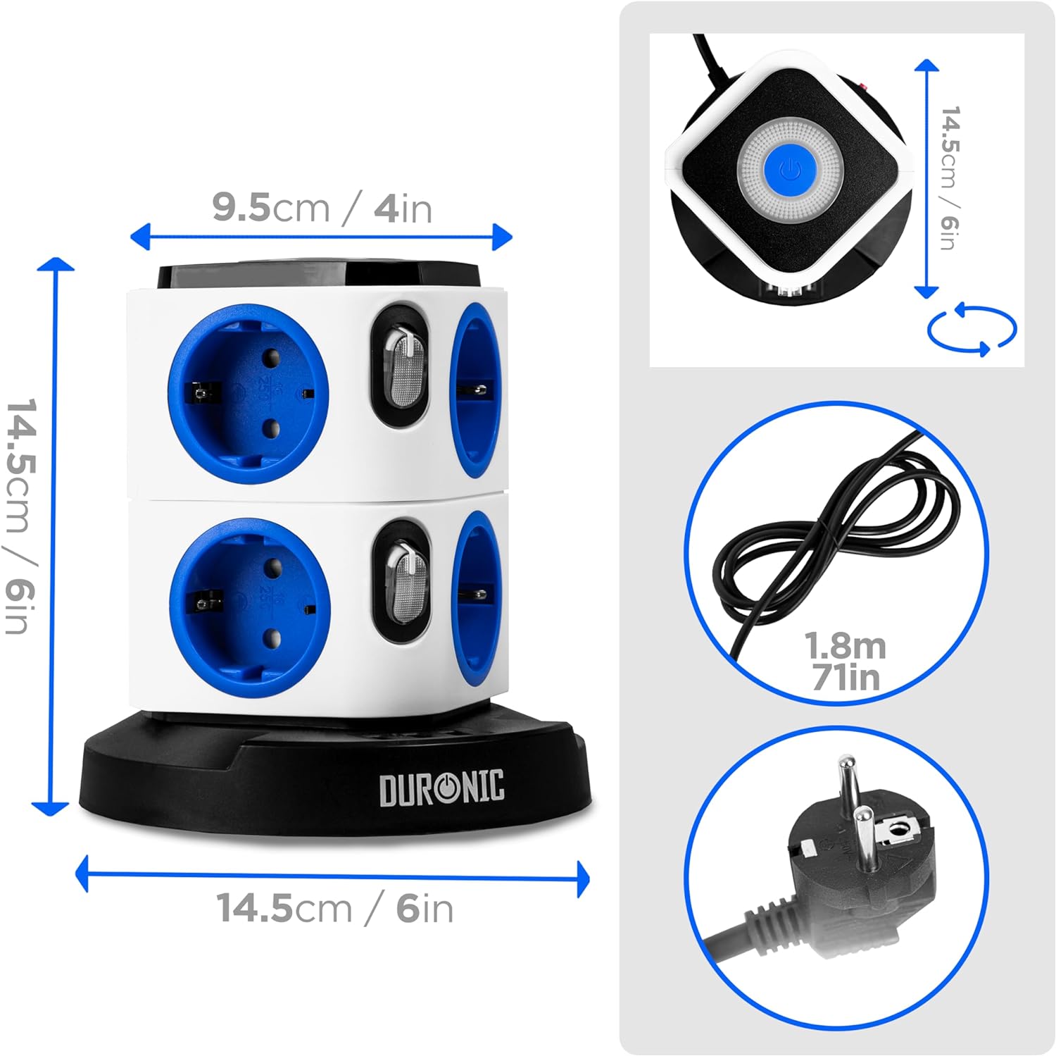 Duronic ET8L Mehrfachsteckdose | Steckdosenwürfel mit 3 USB Ports und touch-sensitives Nachtlicht | 8-Fach Steckdose 3680W 16A | Steckdosenleiste mit Überspannungsschutz | Steckerturm mit 1,8 m Kabel