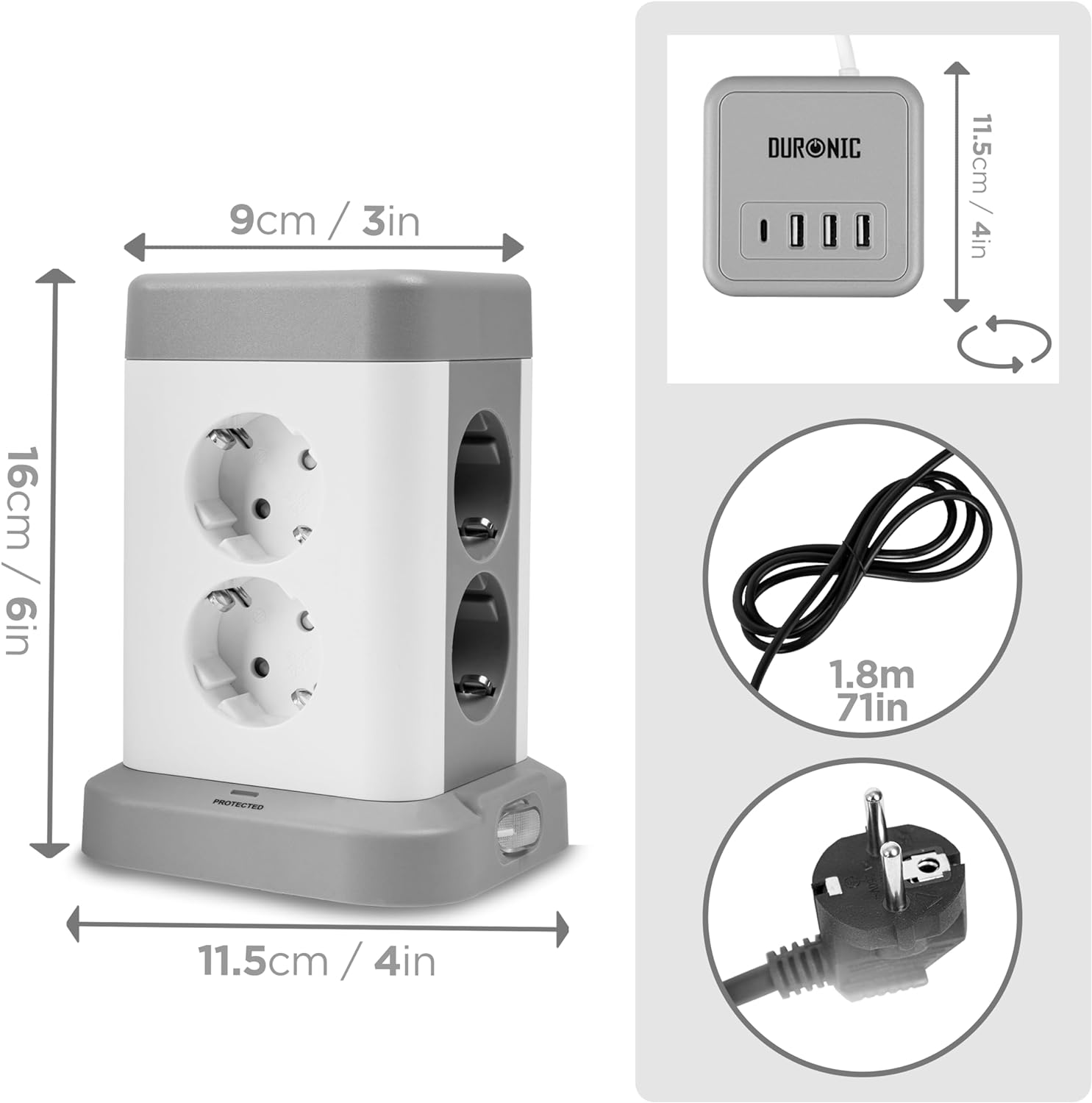 Duronic ET8C Mehrfachsteckdose | Steckdosenwürfel mit 3 USB A Ports und 1 USB C Port (3A) | 8-Fach Steckdose 3680W 16A | Steckdosenleiste mit Überspannungsschutz | Steckdosenturm mit 1,8 m Kabel