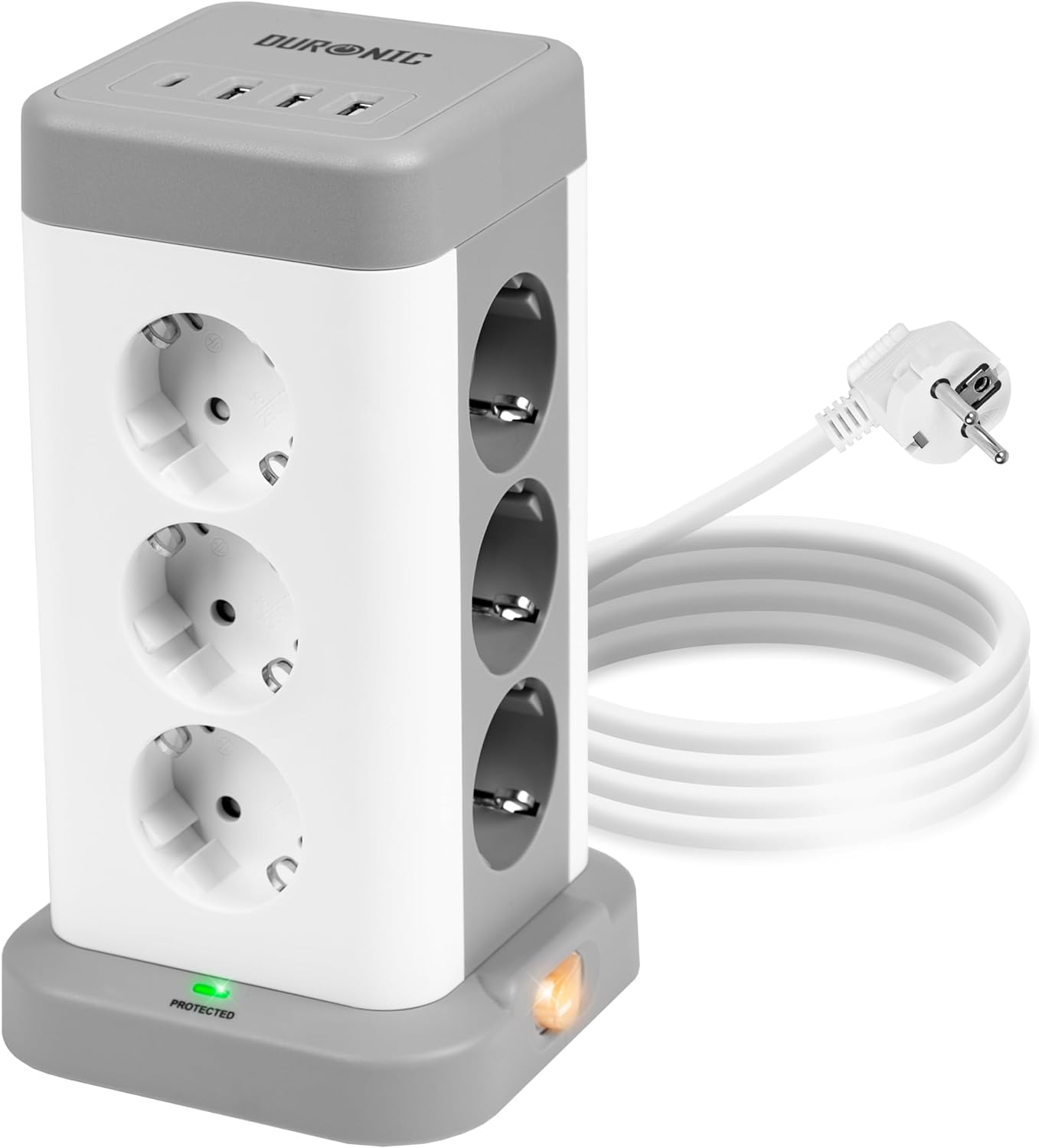 Duronic ET12C Mehrfachsteckdose | Steckdosenwürfel mit 3 USB A Ports und 1 USB C Port (3A) | 12-Fach Steckdose 3680W 16A | Steckdosenleiste mit Überspannungsschutz | Steckdosenturm mit 1,8 m Kabel