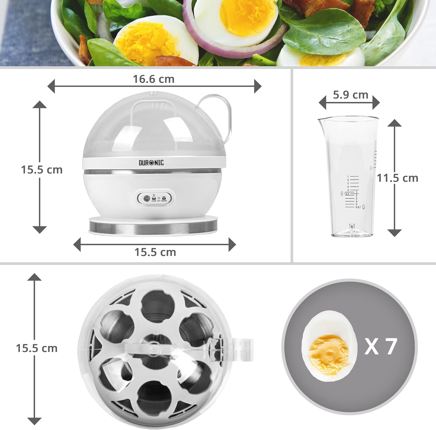 Duronic EB27 WE Eierkocher, Eierkocher für 7 Eier, 400 Watt Eierkocher, Härtegrad von weich bis hart, Überhitzungsschutz und Timer, Eierkocher mit Messbecher und Eipick, Frühstücksei für Familie