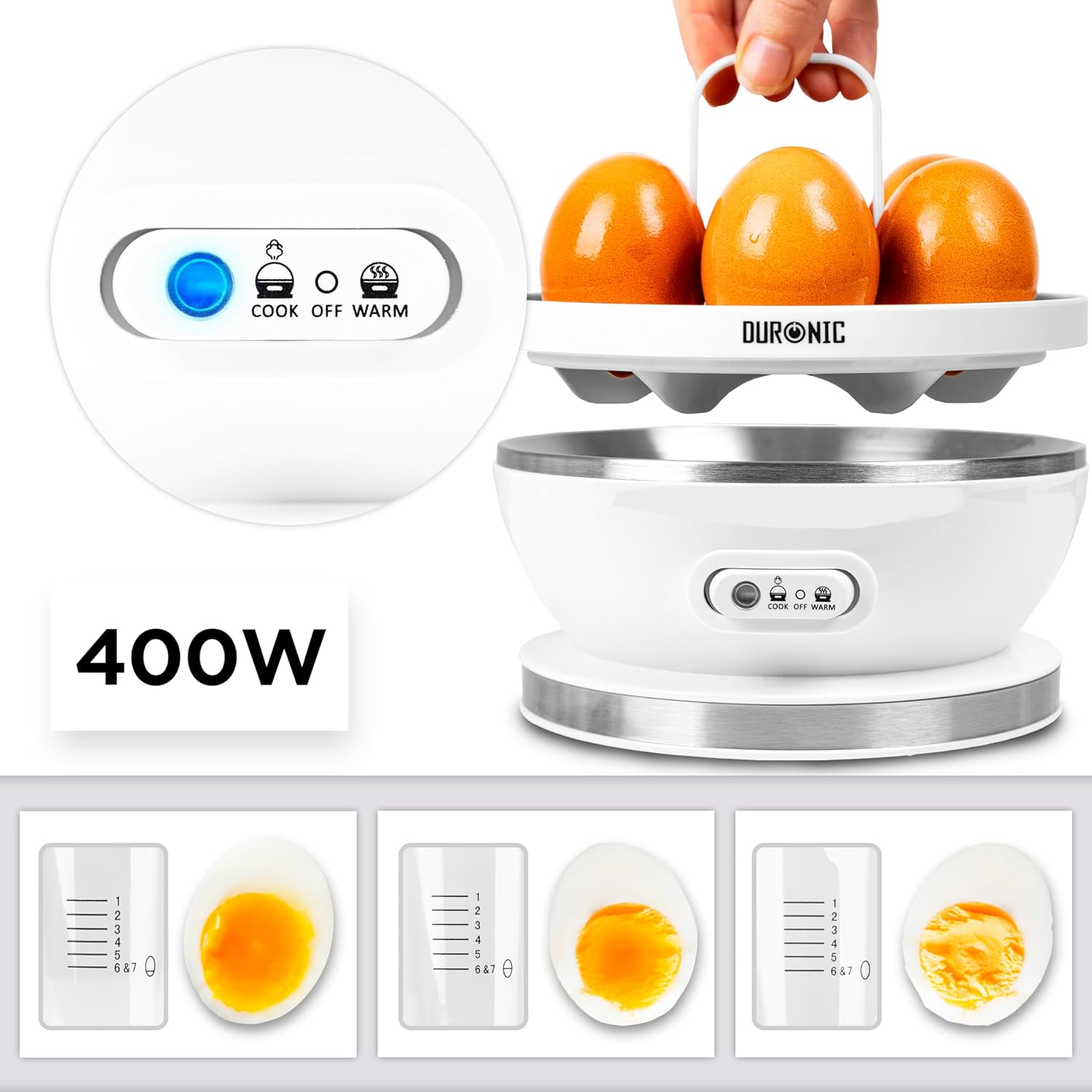 Duronic EB27 WE Eierkocher, Eierkocher für 7 Eier, 400 Watt Eierkocher, Härtegrad von weich bis hart, Überhitzungsschutz und Timer, Eierkocher mit Messbecher und Eipick, Frühstücksei für Familie