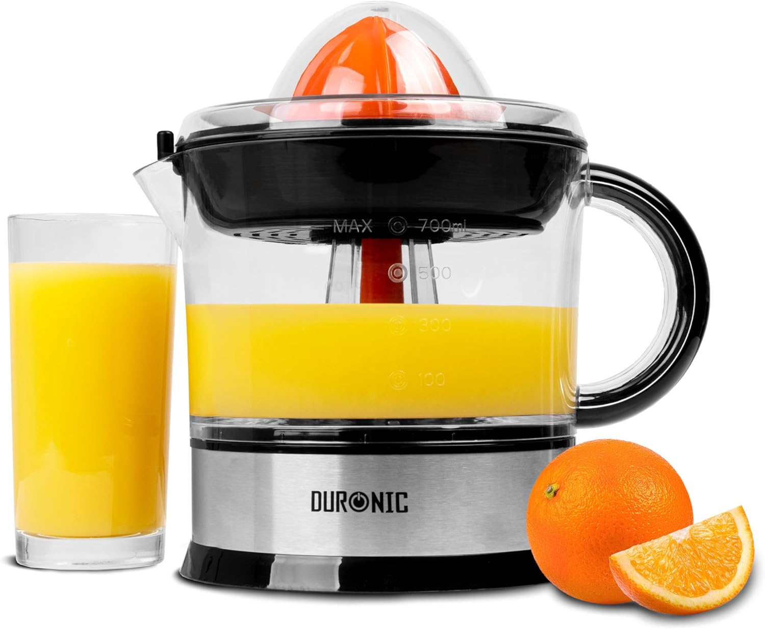 Duronic JE407 Saftpresse elektrisch 40W, Zitronenpresse 700ml, Zitruspresse 2 Kegel, Orangenpresse hohe Saftgewinnung, Edelstahl Fruchtpresse mit Sieb, Citrus juicer, Orangensaftpresse Limetten-presse