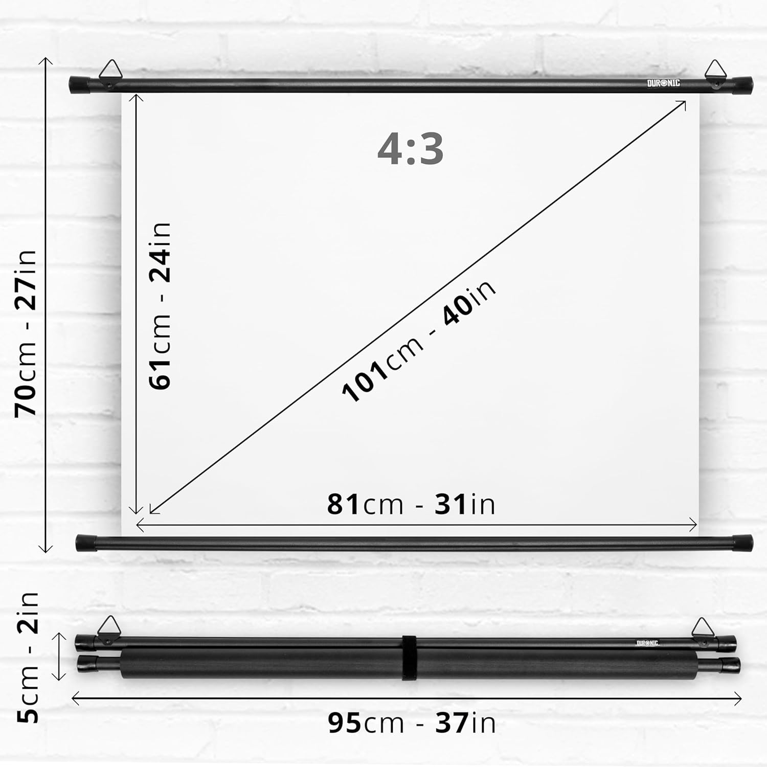 Duronic BPS40 4:3 Projektor-Leinwand, Beamer-Leinwand 40 Zoll, Heimkino mit 4K Full HD 3D, Rollo-Leinwand 1.0 Gain, Projektorleinwand für Wandmontage, Filmnacht, Videoleinwand für Büro Schulen