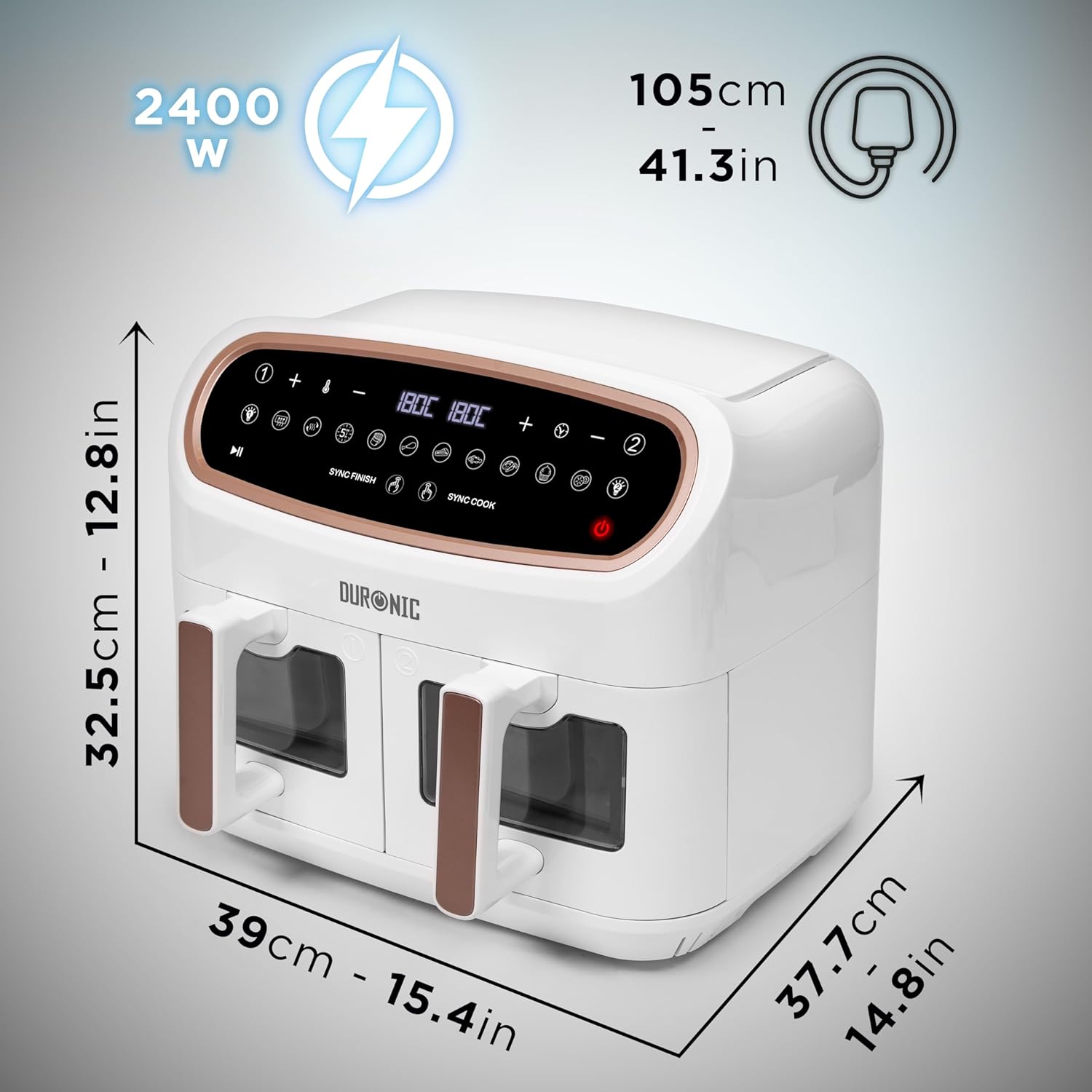 Duronic AF34 WG Heißluftfritteuse mit Sichtfenster | XXL Doppel Air fryer mit 2 Kammern 10 L | 2400 W Dual Zone Air Fryer | HLF mit 10 Programme | Inklusive großer Frittierkorb | Touchscreen Fritteuse