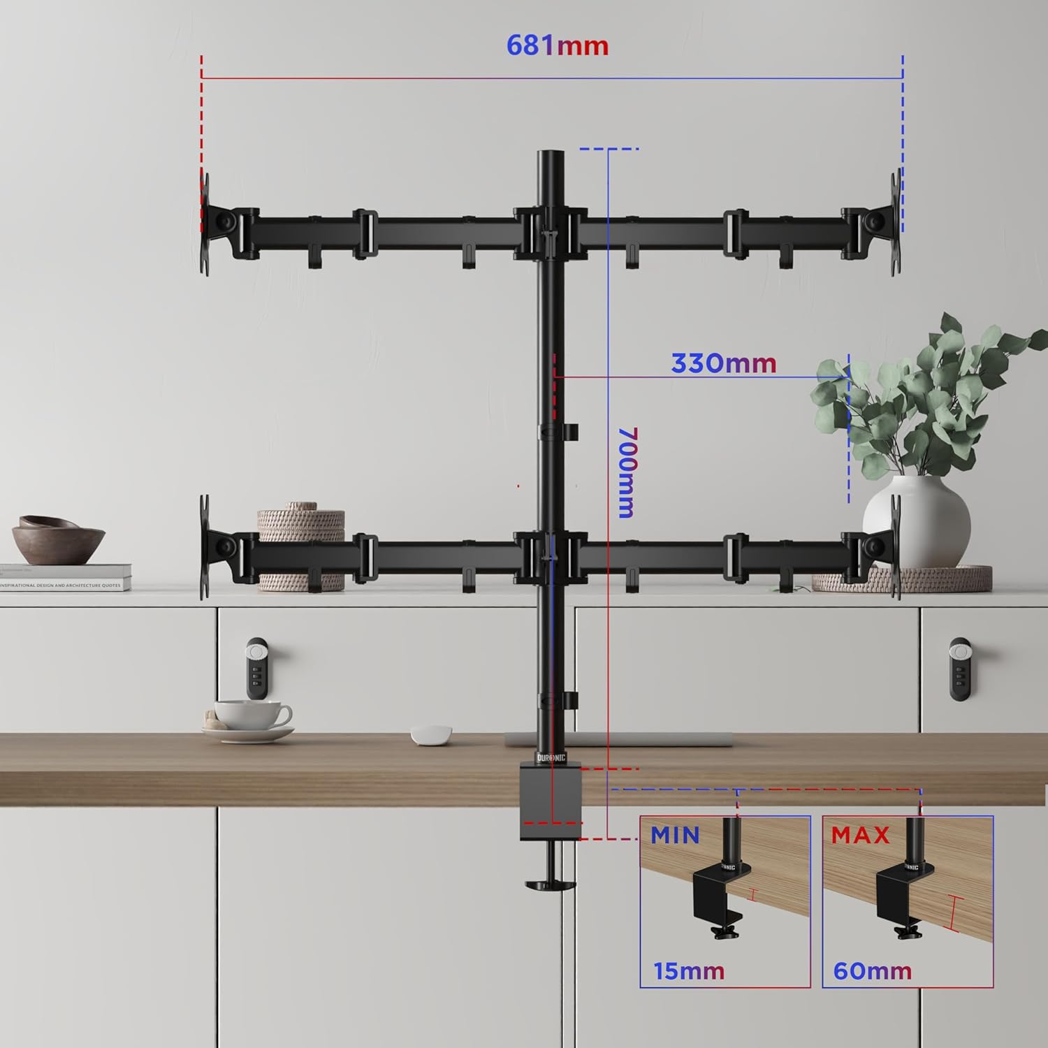 Duronic DM254 Monitor-Halterung 4 Monitore für 13-27 Zoll Flach & Curved Bildschirm-Halterung 8kg, Monitor Tischhalterung Höhenverstellbar Neigbar Schwenkbar Drehbar, Vesa halterung, Monitor-Arm