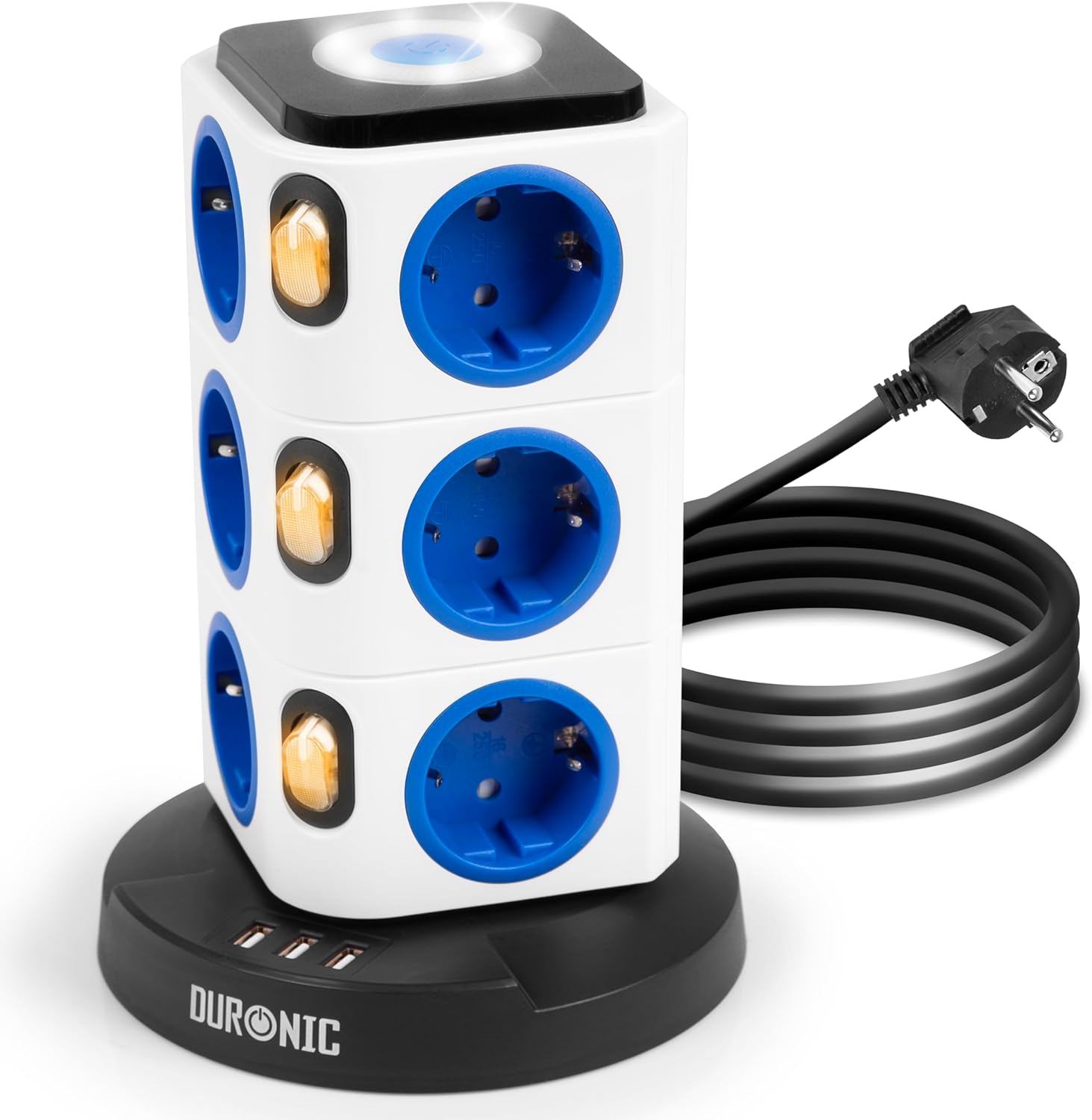 Duronic ET12L Mehrfachsteckdose | Steckdosenwürfel mit 3 USB Ports und touch-sensitives Nachtlicht | 12-Fach Steckdose 3680W 16A | Steckdosenleiste mit Überspannungsschutz | Steckerturm mit 1,8m Kabel