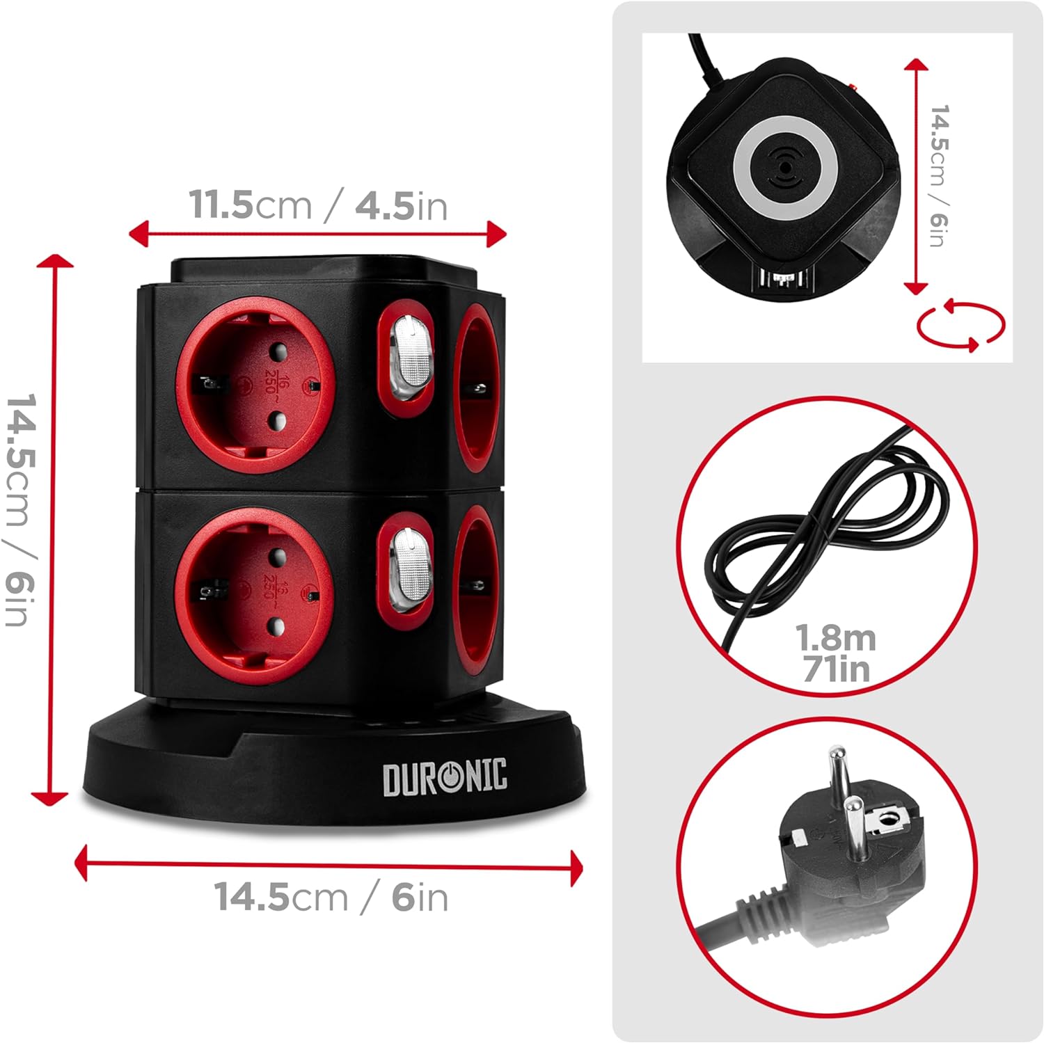 Duronic ET8W Mehrfachsteckdose | Steckdosenwürfel mit 3 USB Ports und Wireless Charging | 8-Fach Steckdose 3680W 16A | Steckdosenleiste mit Überspannungsschutz | Steckdosenturm mit 1,8 m Kabel