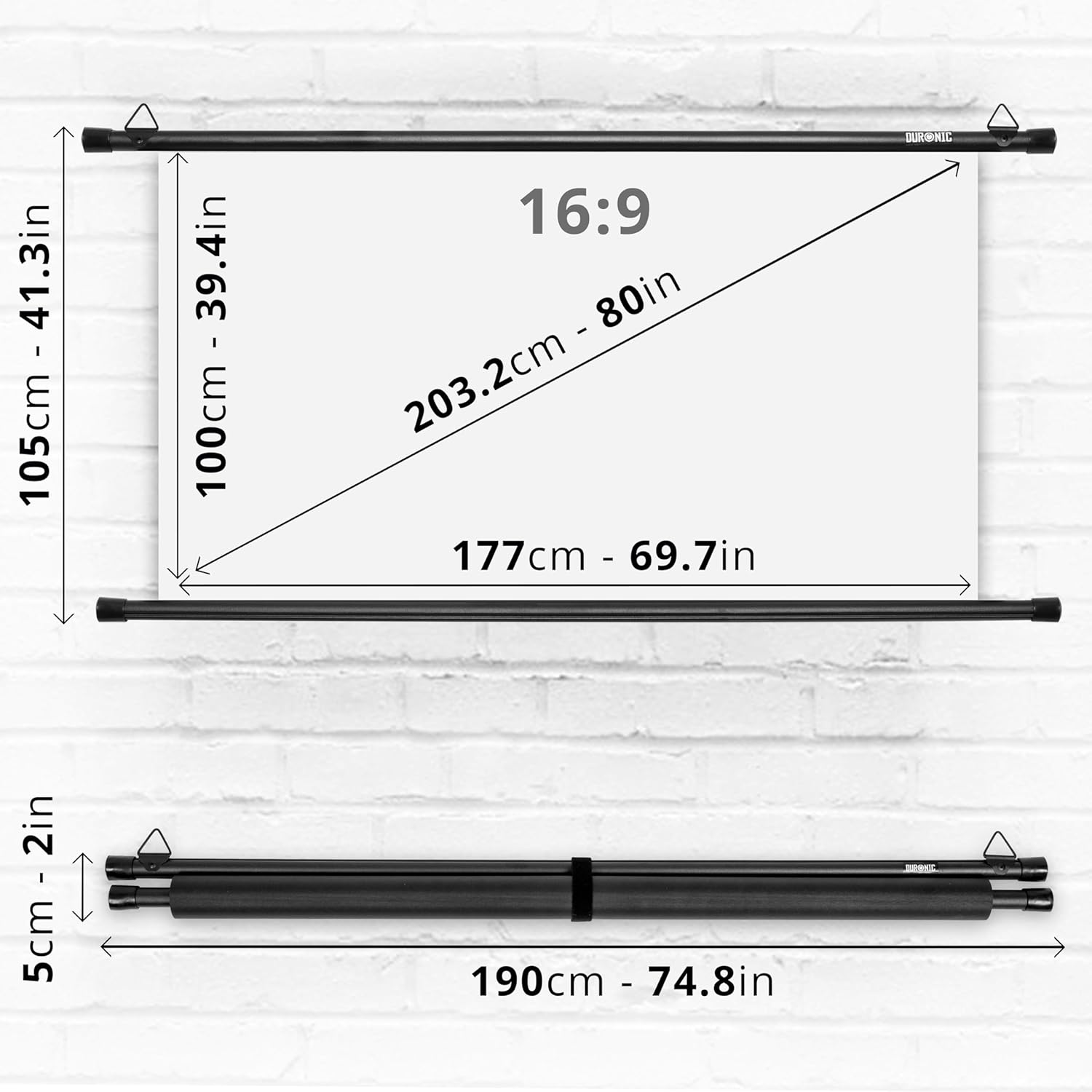 Duronic BPS80 16:9 Projektorleinwand, Beamerleinwand 80 Zoll, Heimkino mit 4K Full HD 3D, Rolloleinwand 1.0 Gain, Beamer Leinwand für Wandmontage, Filmnacht, Videoleinwand für Büro Schulen