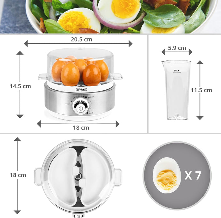 Duronic EB40 WE Eierkocher, Eierkocher für 7 Eier, 400 Watt Eierkocher, Härtegrad von weich bis hart, Überhitzungsschutz und Timer, Eierkocher mit Messbecher und Eipick, Frühstücksei für Familie