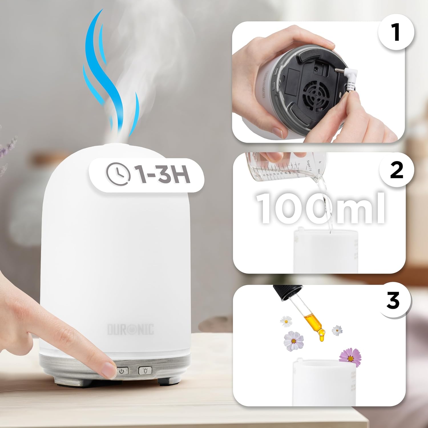 Duronic AD13 Aroma Diffuser, Diffuser mit 100 ml Wassertank, Diffusor für ätherische Öle, Raumduft als Lufterfrischer, Duftsprüher für Duftöl