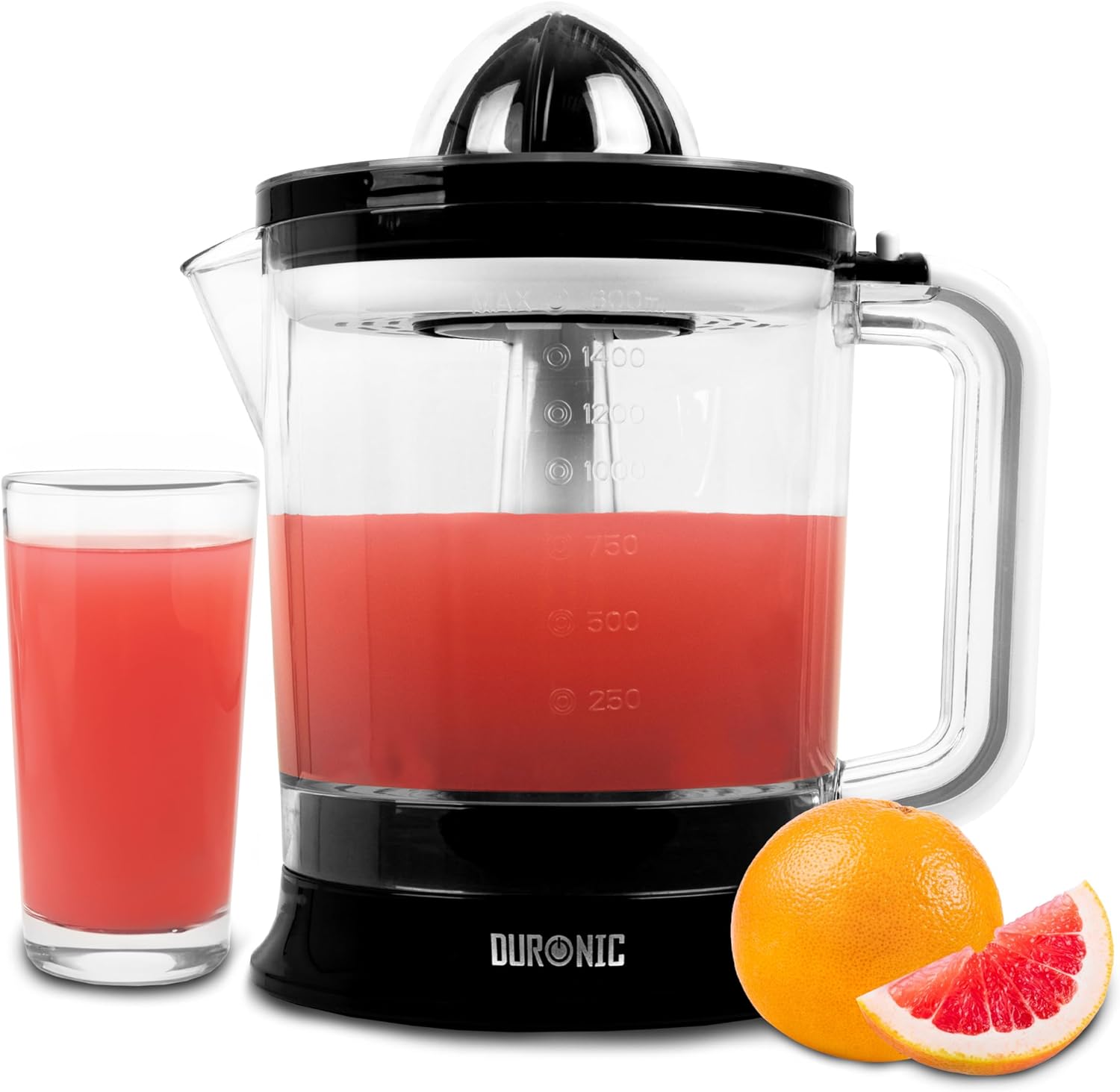 Duronic JE416 Saftpresse elektrisch 40W, Zitronenpresse 1600ml, Zitruspresse 2 Kegel, Orangenpresse, hohe Saftausbeute, Fruchtpresse mit Sieb, Citrus Juicer, Orangensaftpresse, Limepresse