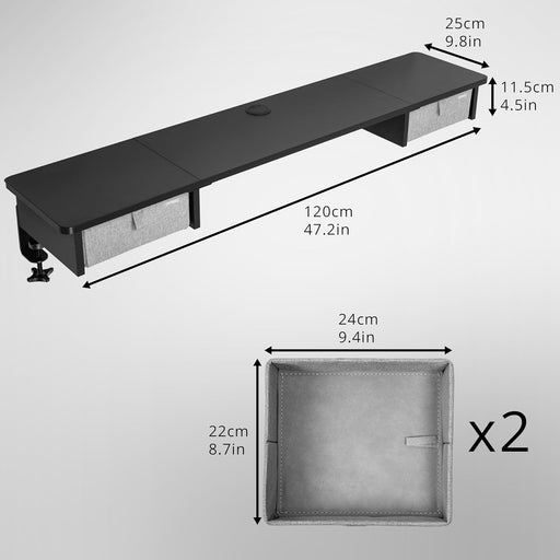 Duronic DD2 BK Schreibtischaufsatz für 2 Monitore, Schreibtisch Erweiterung mit Schubladen, 120 x 25 x 11,5 cm, Monitorerhöhung mit Tischklemmen, Gaming Home Office Monitorständer, Extra Breit