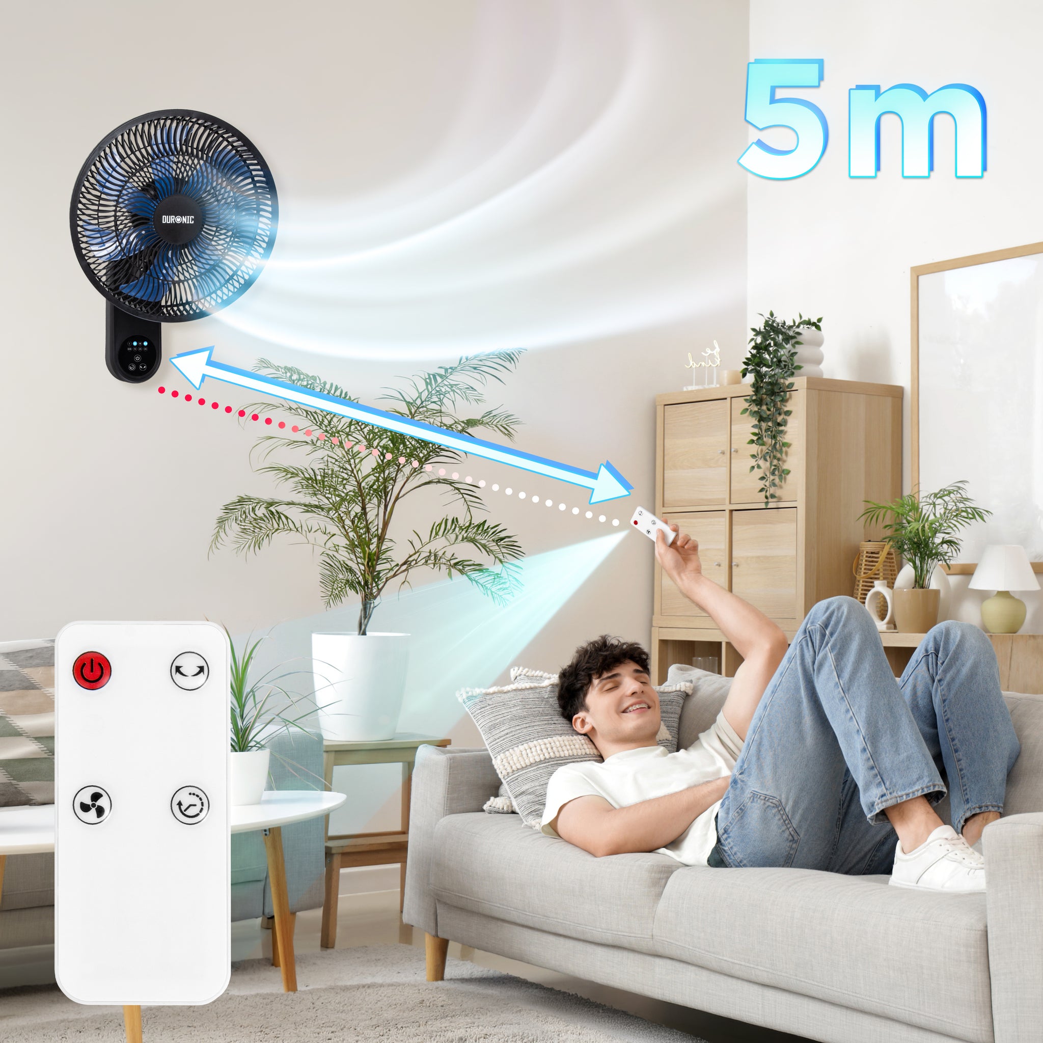 Duronic FN12 BK Wandventilator, Ventilator zur Montage, mit Fernbedienung | 3 Geschwindigkeiten, Wandkühler mit 50W, 60° Oszillation für gute Luftzirkulation, Windmaschine mit Timer Funktion