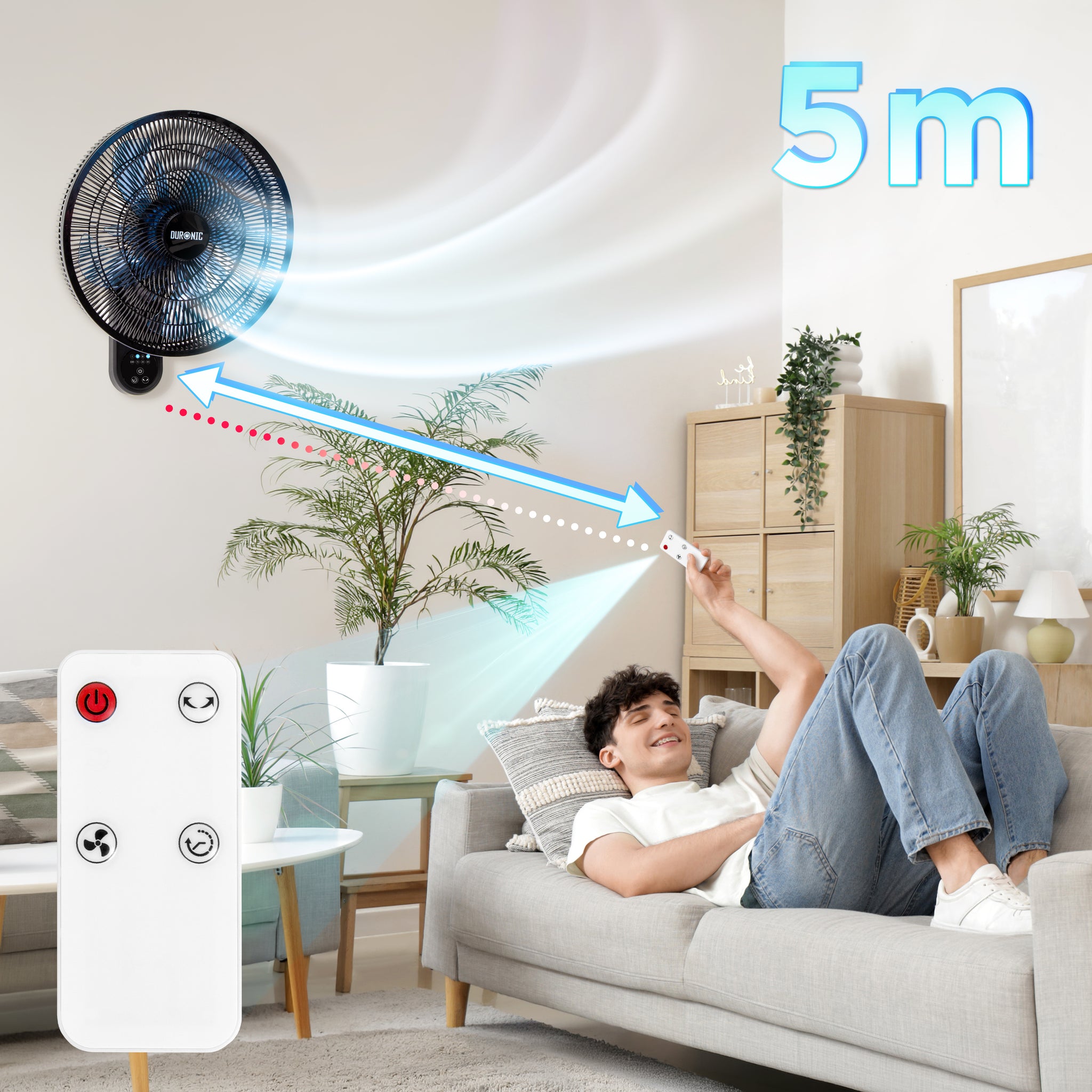 Duronic FN42 BK Wandventilator, Ventilator zur Montage, mit Fernbedienung | 3 Geschwindigkeiten, Wandkühler mit 50W, 60° Oszillation für gute Luftzirkulation, Windmaschine mit Timer Funktion