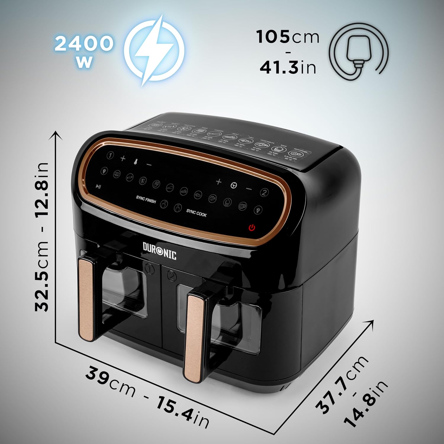 Duronic AF34 BG Dual Air Fryer, Doppel Heißluftfritteuse mit extragroßer Schublade, HLF Heißluftfriteuse für Süßkartoffel Pommes, Frittieren ohne Öl