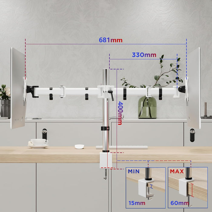 Duronic DM252 WE Monitor Halterung, Dual Monitorhalterung, Pivot Monitorständer für Gaming Monitor bis je 8 kg, 2-fach Monitorarm in Weiß, Bis 27 Zoll