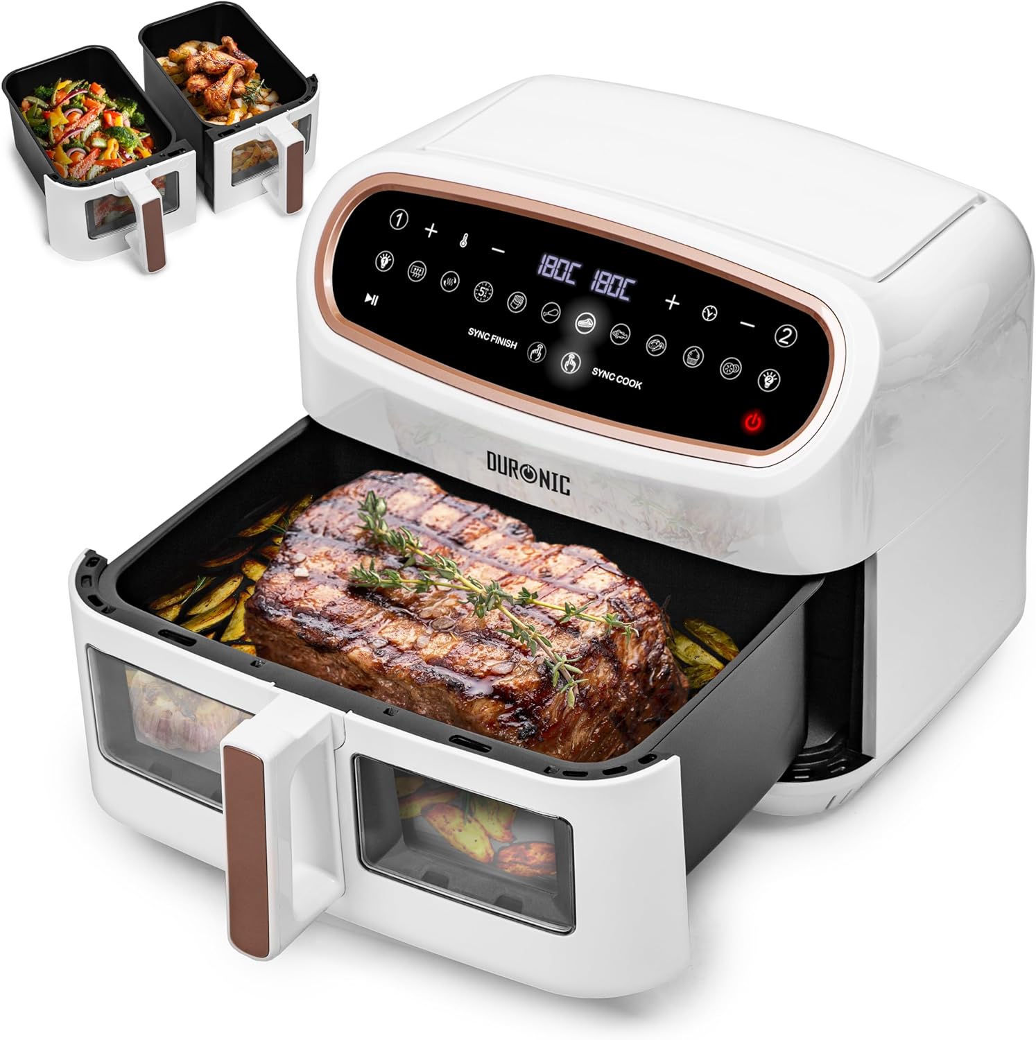 Duronic AF34 WG Heißluftfritteuse mit Sichtfenster | XXL Doppel Air fryer mit 2 Kammern 10 L | 2400 W Dual Zone Air Fryer | HLF mit 10 Programme | Inklusive großer Frittierkorb | Touchscreen Fritteuse