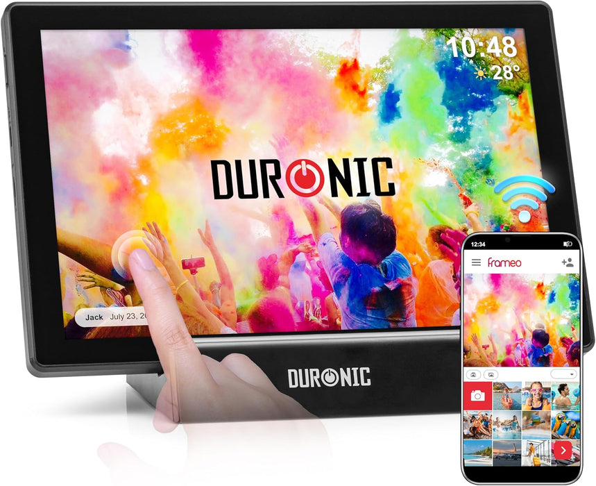 Duronic PF1D BK digitaler Bilderrahmen, Frameo WiFi Bilderrahmen mit 32GB Speicher, Schwarzer Bilderrahmen mit Dockingstation, 10 Zoll Display und 800 x 1280 IPS Auflösung, Vertikal und Horizontal