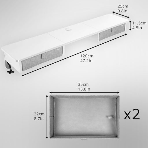 Duronic DD3 WE Monitorständer, breites Schreibtisch Regal 120 x 25 x 11,5 cm, Schreibtischaufsatz mit XXL Schubladen, Monitorerhöhung für 2 Monitore, rutschfeste Tischklemmen, Gaming Home Office